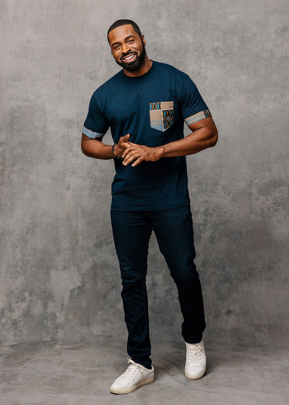 Seun Men's African Print T-Shirt with Pocket (Blue/Tan Navy) - Image 8