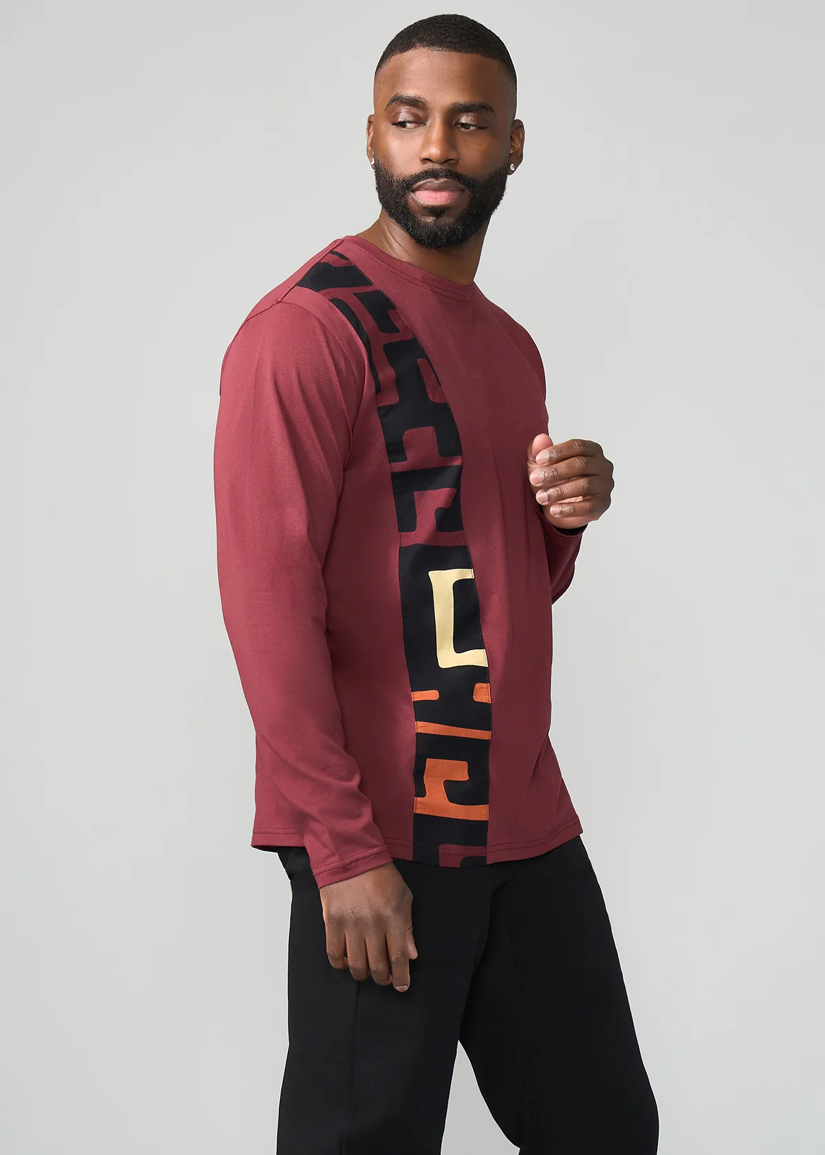 Simba Men's African Print Applique T-Shirt (Neutral Kuba Geometric) - Image 3