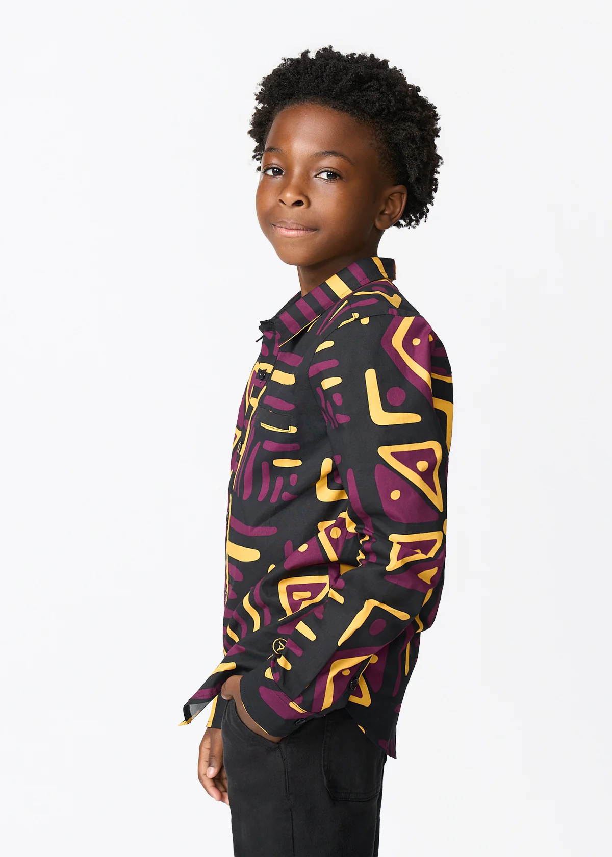 Simiyu Boy's African Print Button-Up (Plum Black Tribal) - Image 3