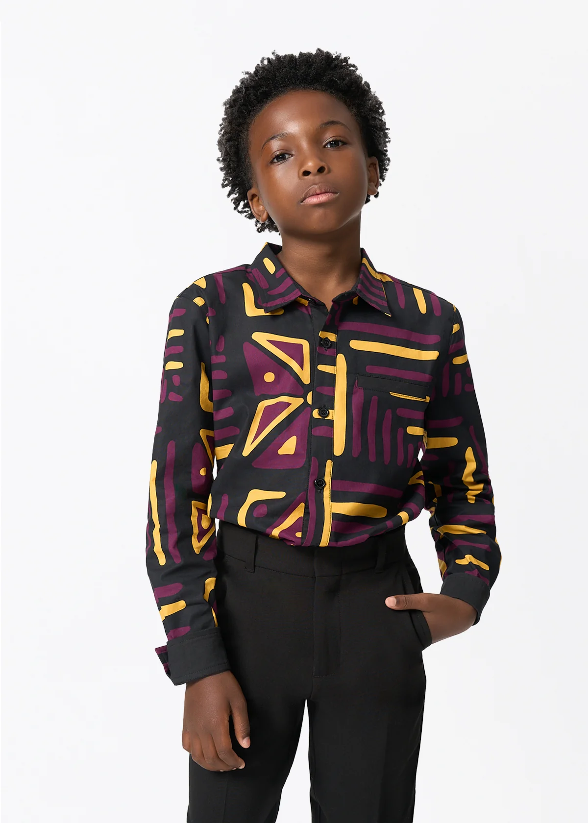 Simiyu Boy's African Print Button-Up (Plum Black Tribal) - Image 4