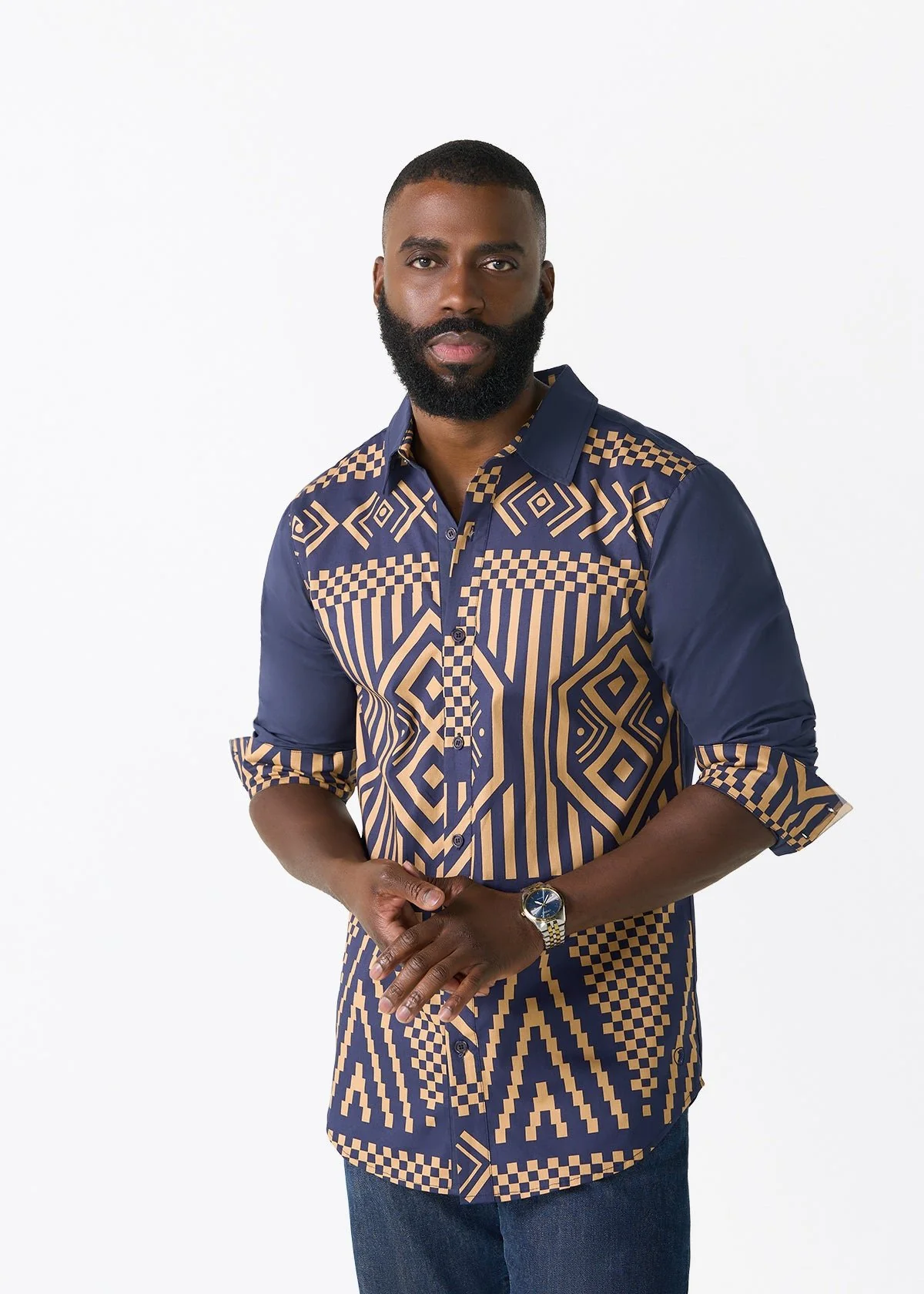 Sipho Men's African Print Button-up Shirt (Navy Tan Tribal)