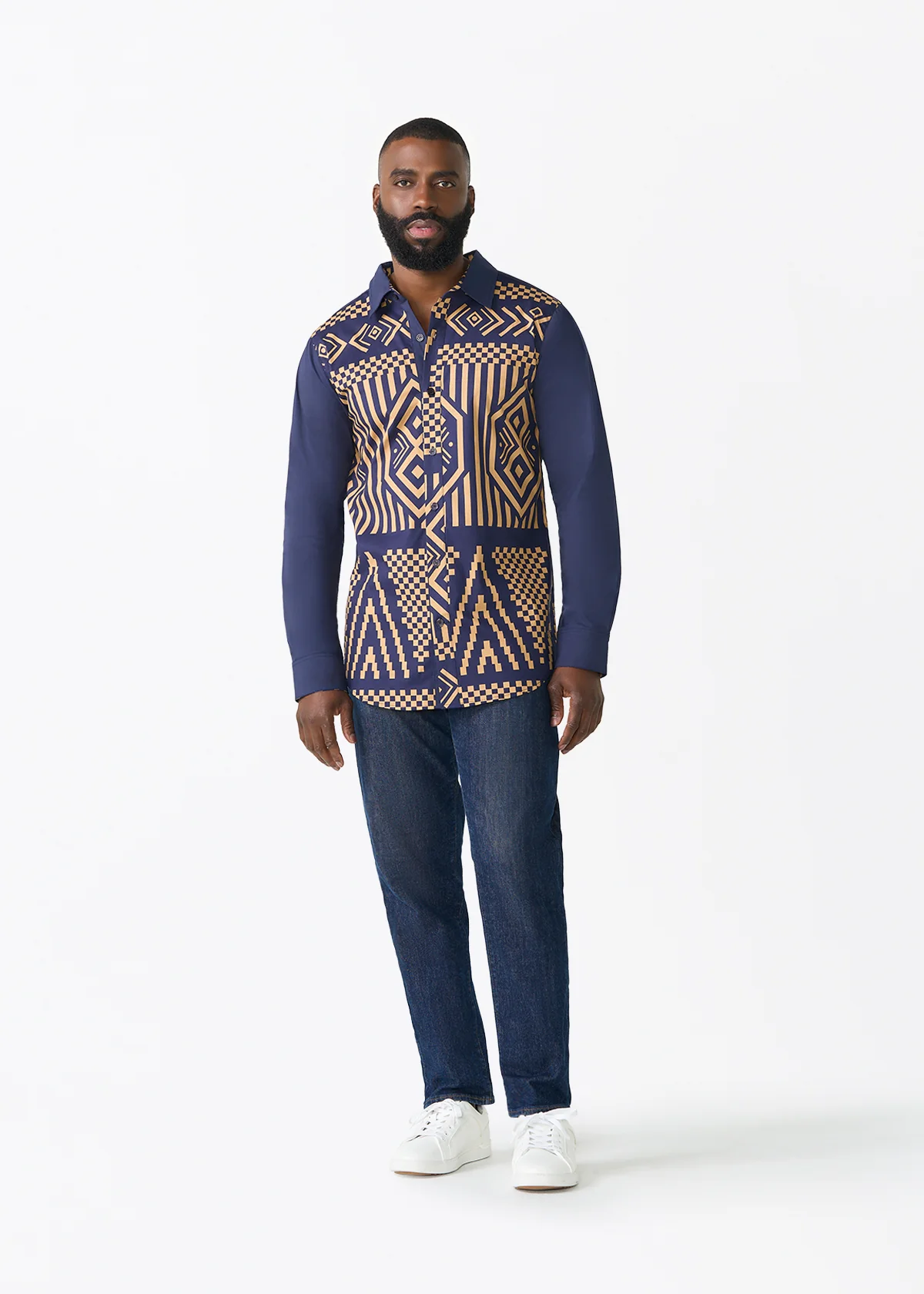 Sipho Men's African Print Button-up Shirt (Navy Tan Tribal) - Image 2