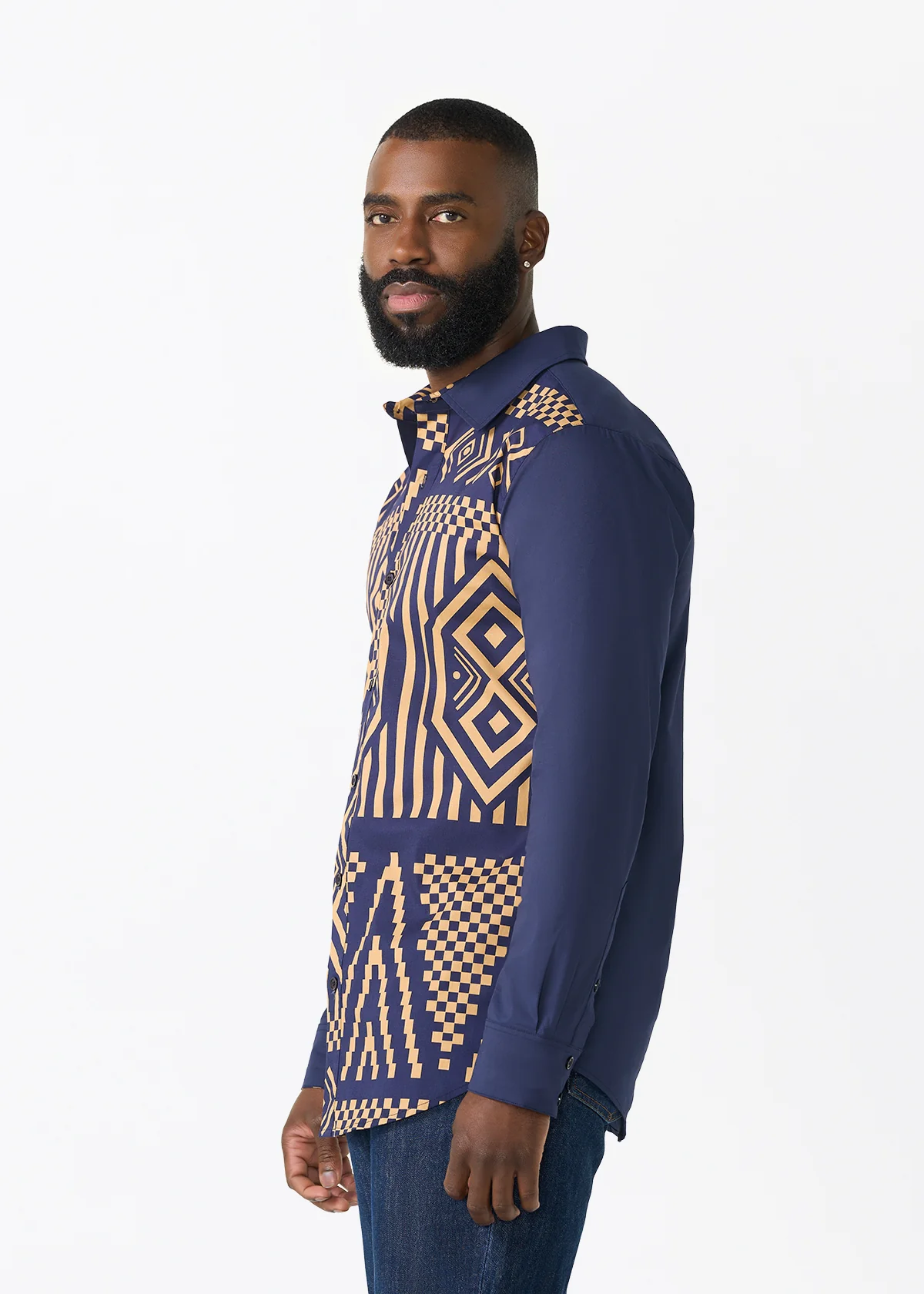 Sipho Men's African Print Button-up Shirt (Navy Tan Tribal) - Image 3