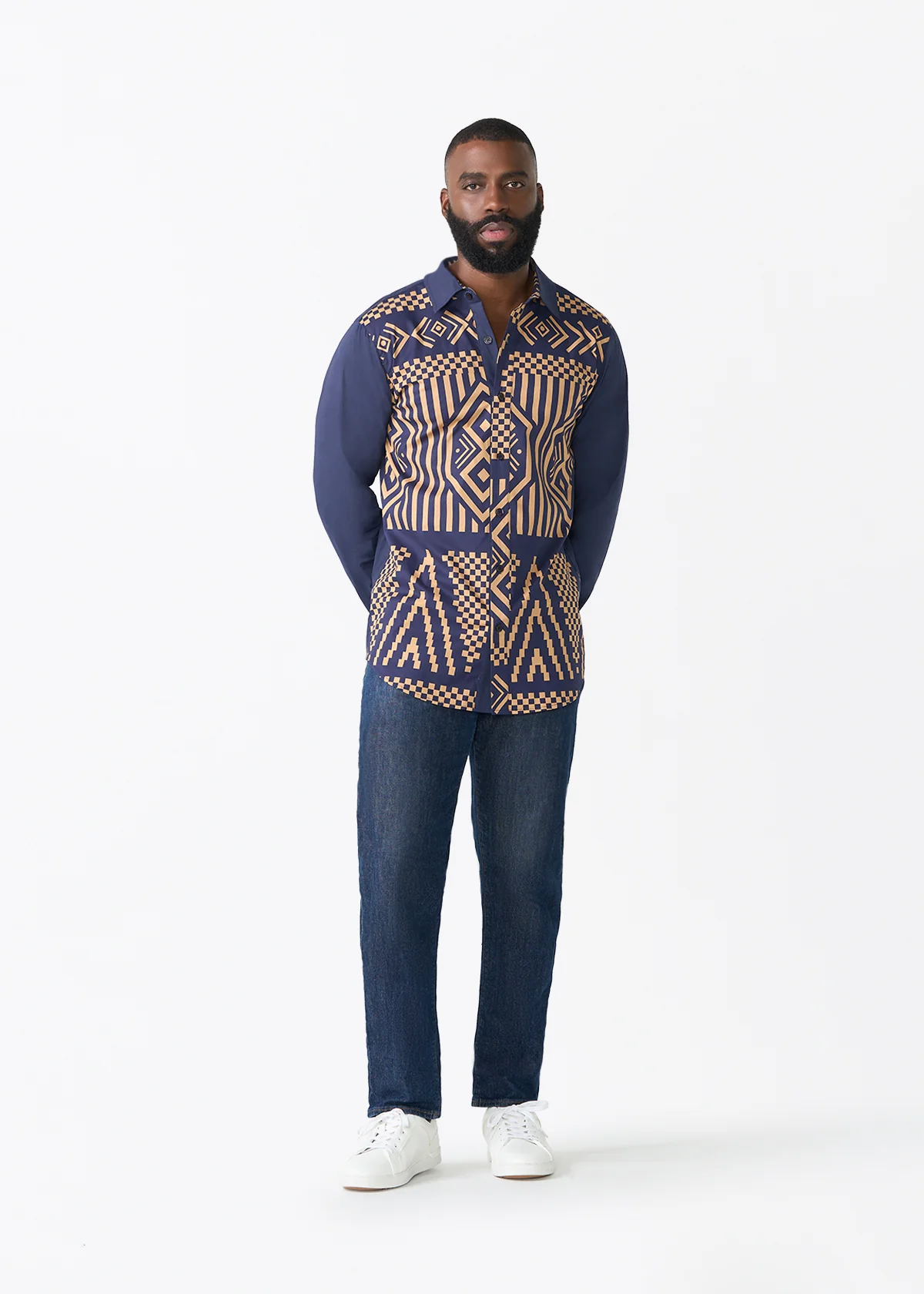 Sipho Men's African Print Button-up Shirt (Navy Tan Tribal) - Image 5