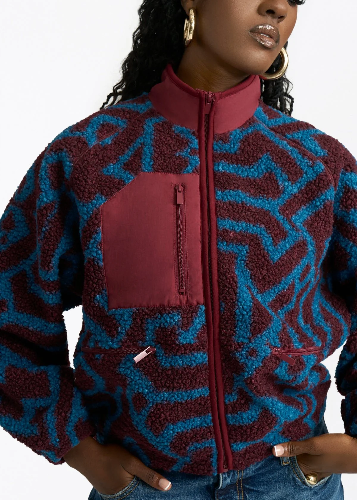 Sisi Women's African Print Teddy Fleece Jacket (Maroon Teal Tribal)
