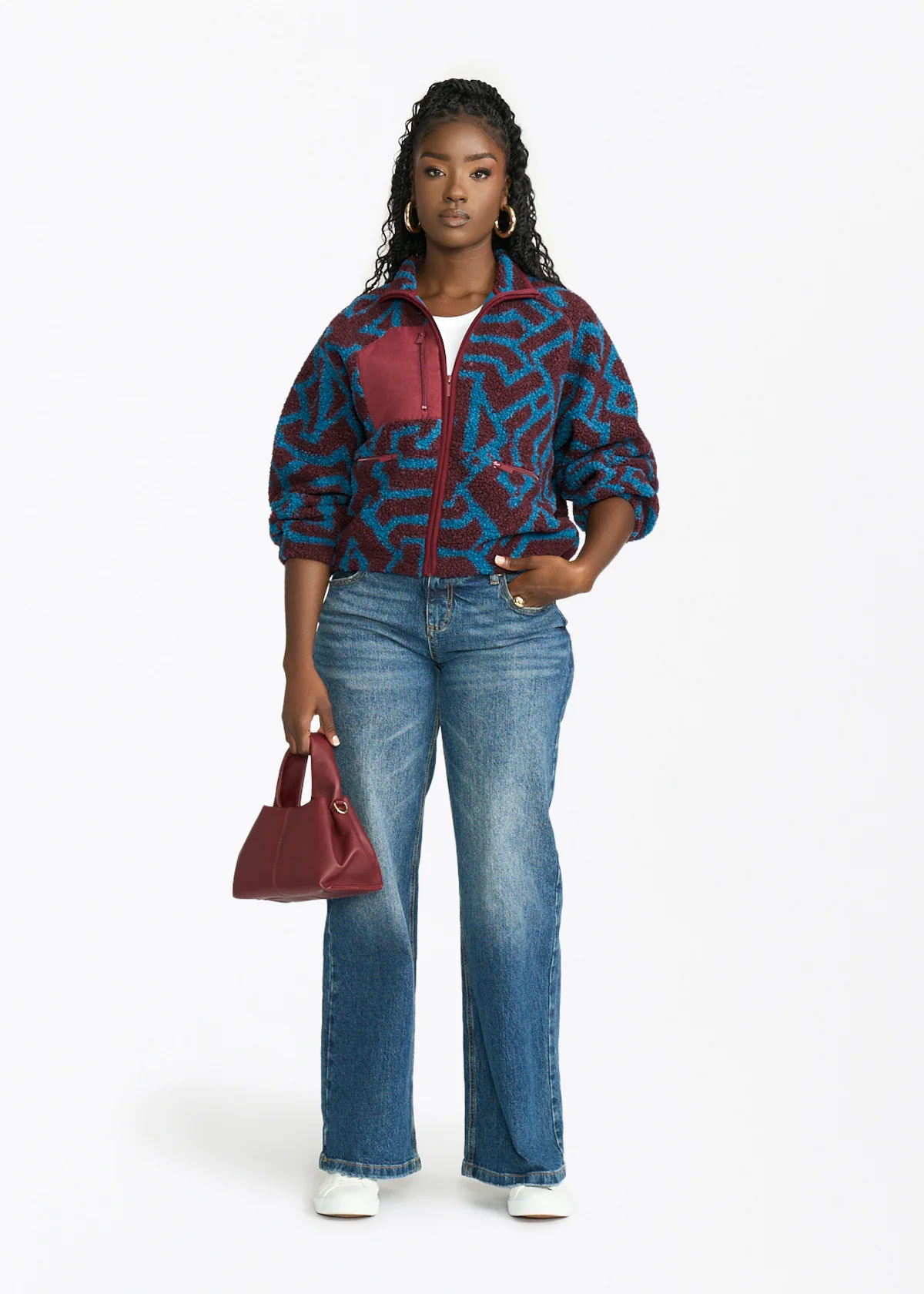 Sisi Women's African Print Teddy Fleece Jacket (Maroon Teal Tribal) - Image 2