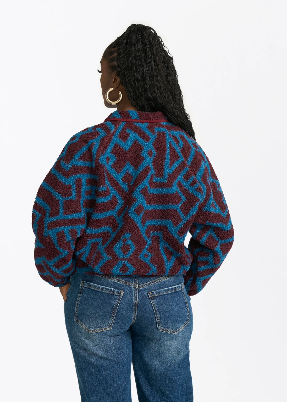 Sisi Women's African Print Teddy Fleece Jacket (Maroon Teal Tribal) - Image 3