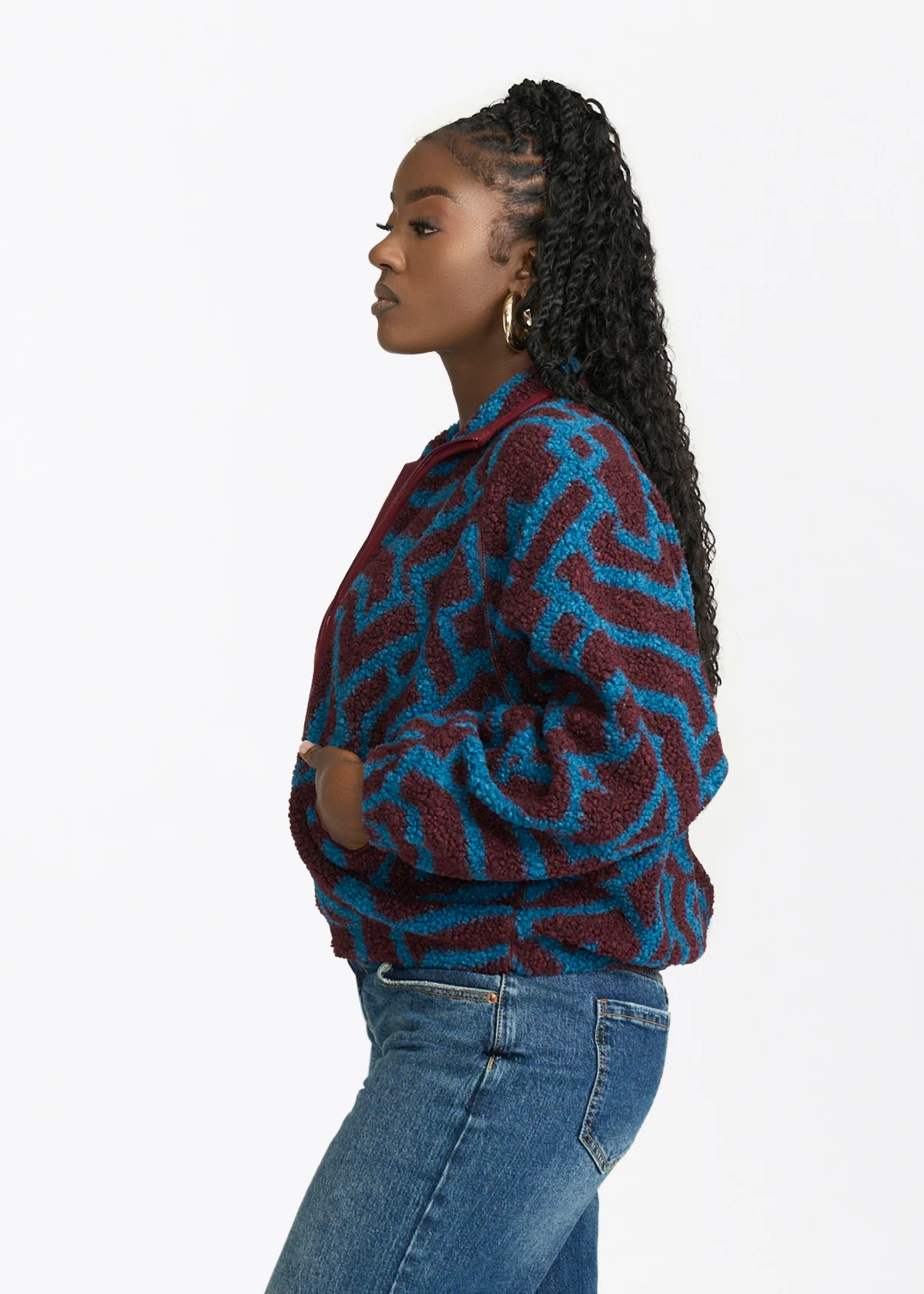 Sisi Women's African Print Teddy Fleece Jacket (Maroon Teal Tribal) - Image 4