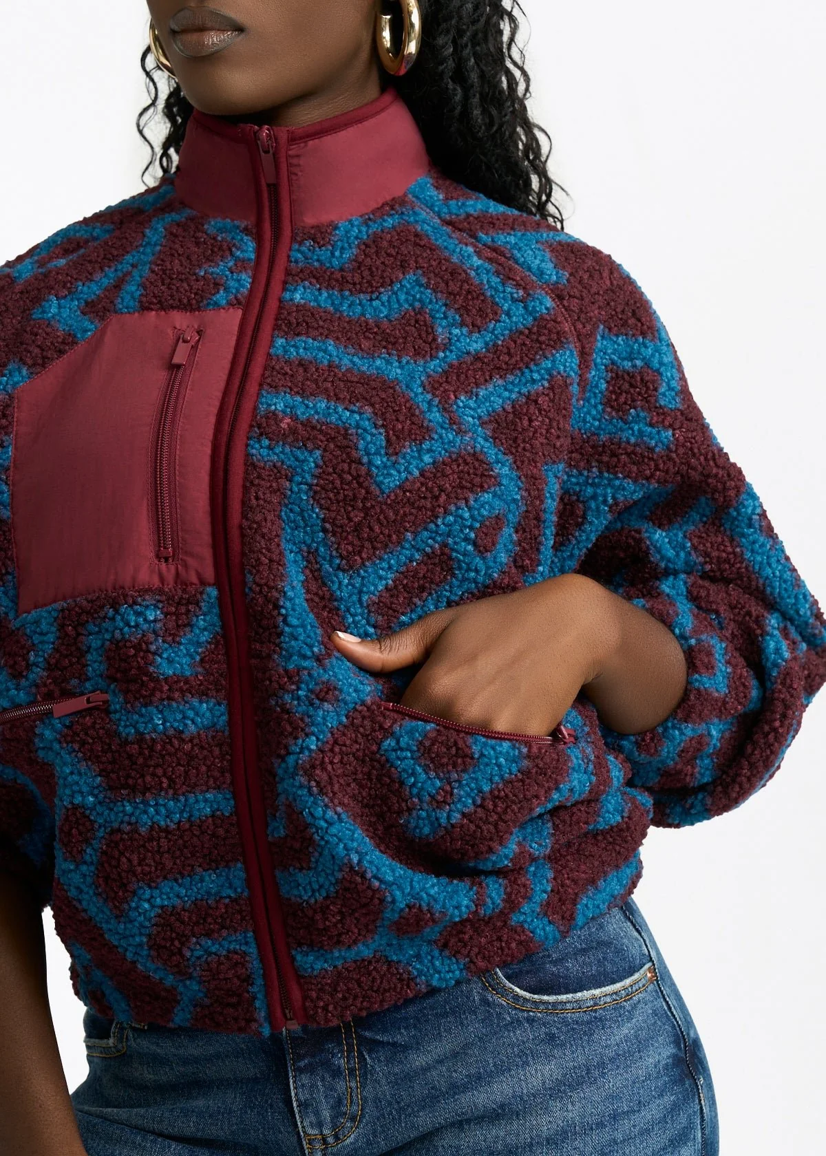 Sisi Women's African Print Teddy Fleece Jacket (Maroon Teal Tribal) - Image 6