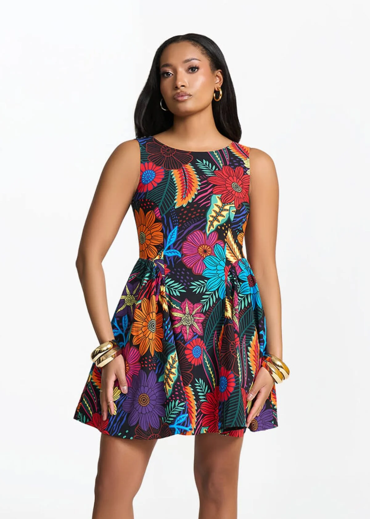 Tadala Women's African Print Stretch Mini Dress (Black Tropical Floral)