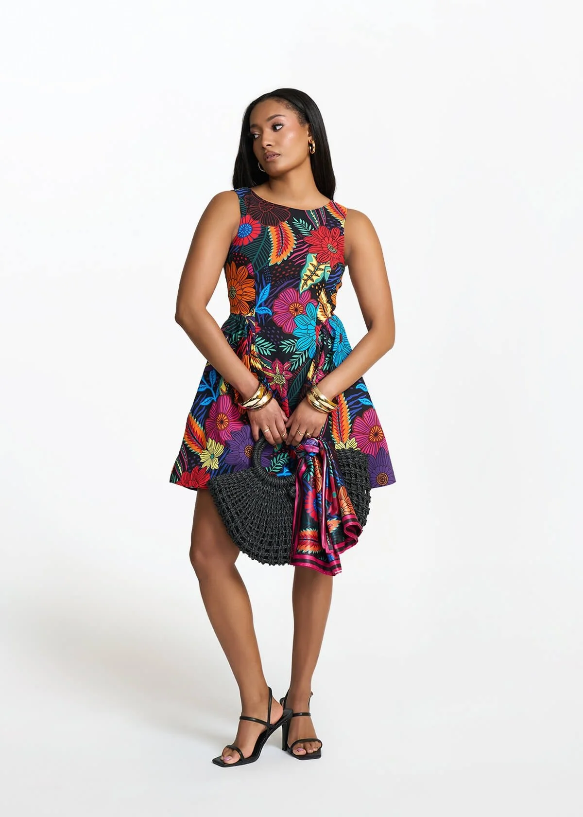 Tadala Women's African Print Stretch Mini Dress (Black Tropical Floral) - Image 2