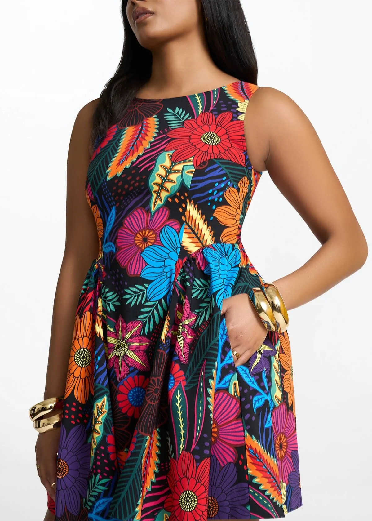 Tadala Women's African Print Stretch Mini Dress (Black Tropical Floral) - Image 8