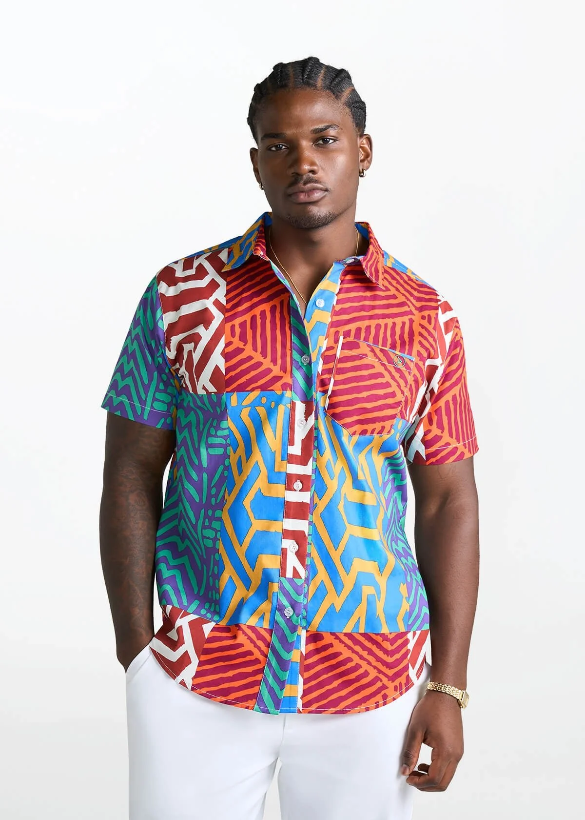 Tahir Men's African Print Button-Up shirt (Orange Blue Multipattern) - Image 3