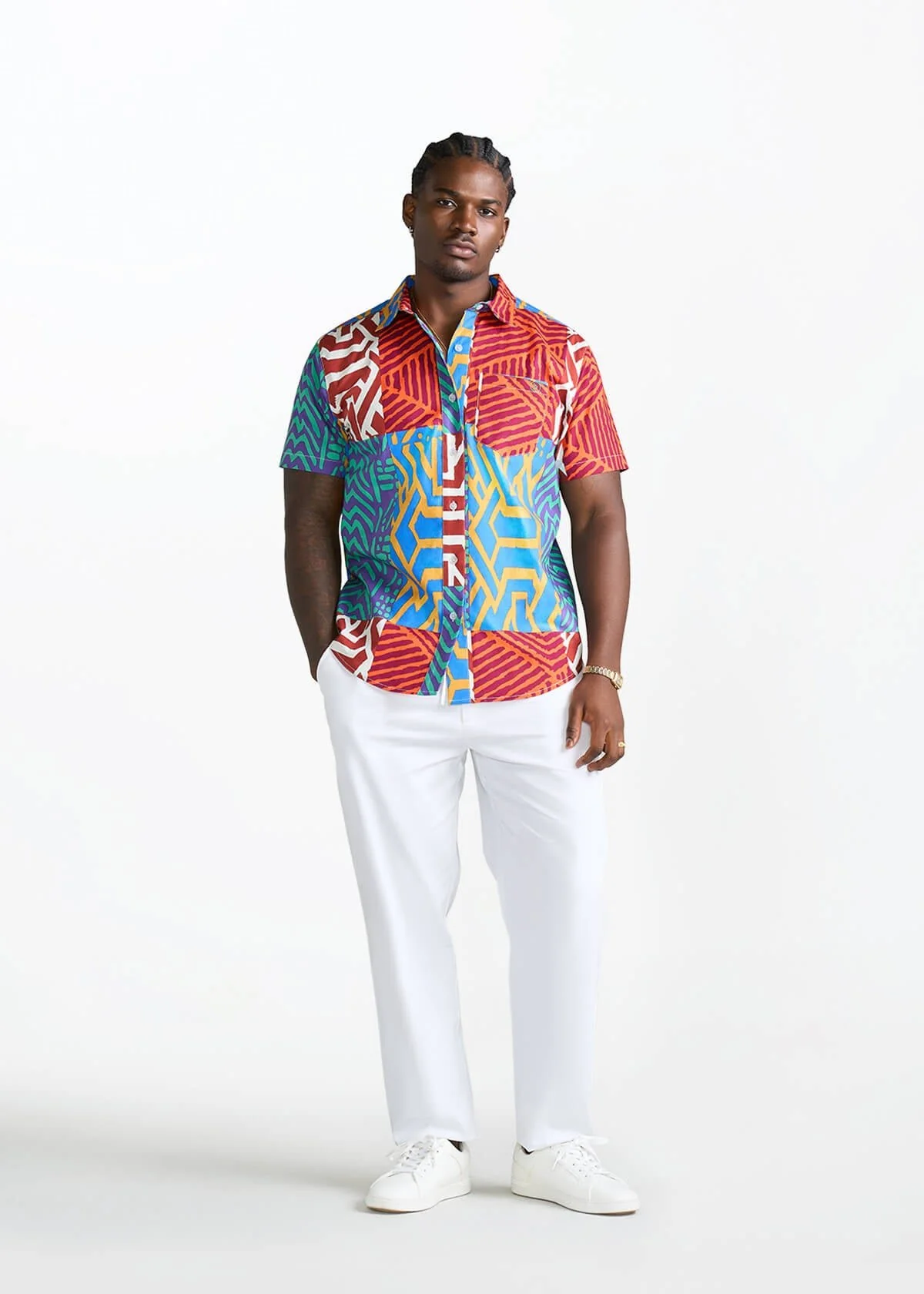 Tahir Men's African Print Button-Up shirt (Orange Blue Multipattern) - Image 4
