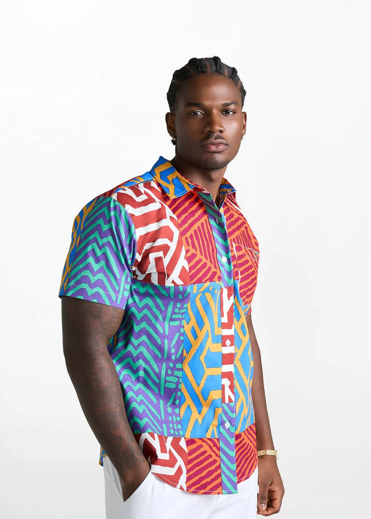 Tahir Men's African Print Button-Up shirt (Orange Blue Multipattern) - Image 5