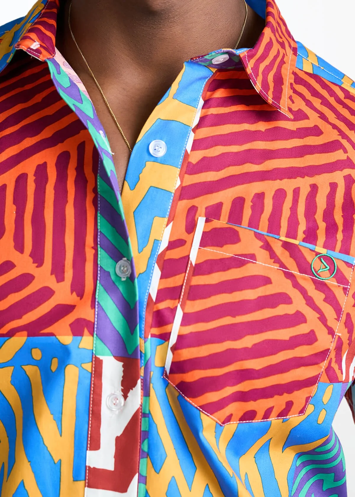 Tahir Men's African Print Button-Up shirt (Orange Blue Multipattern) - Image 6