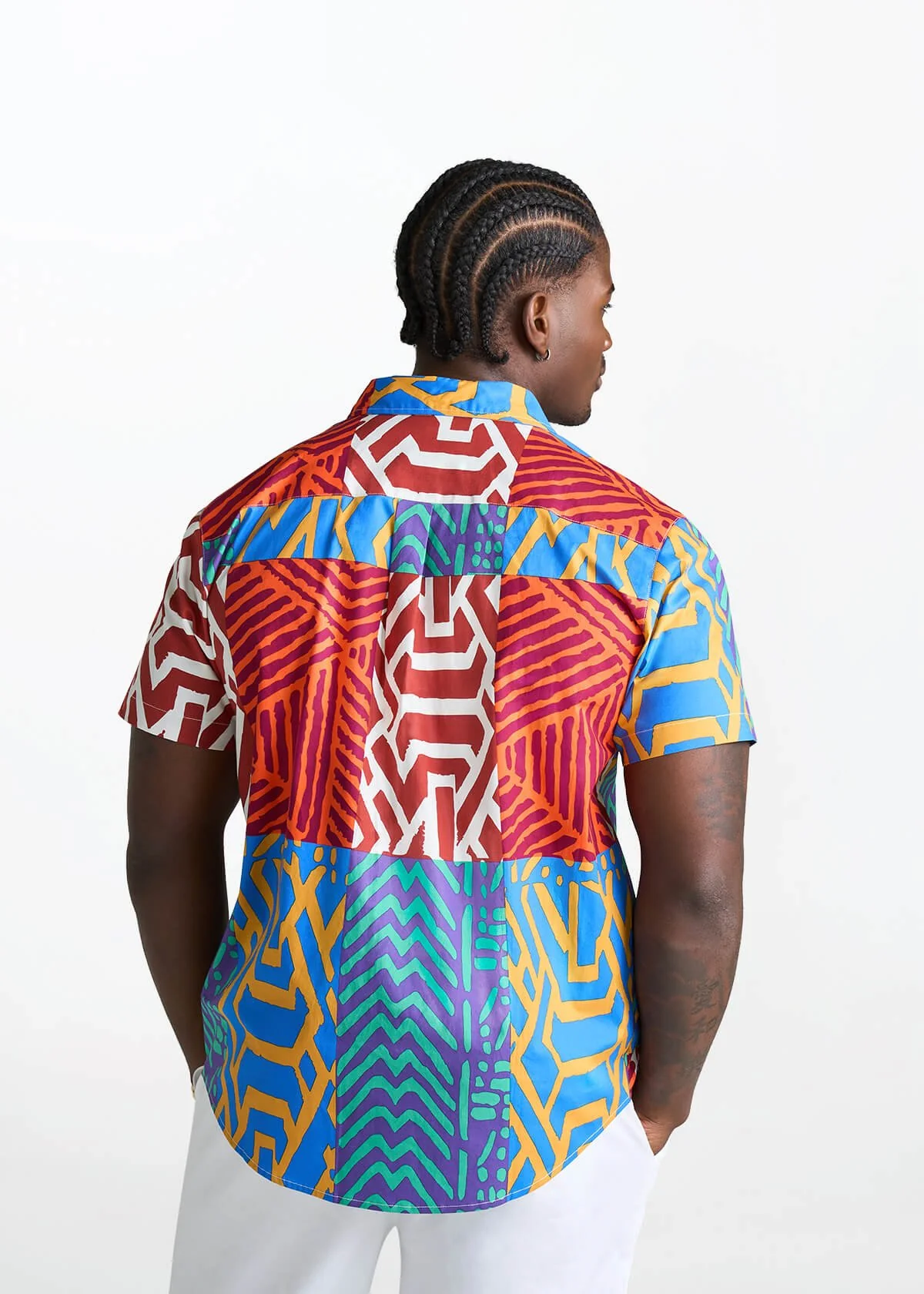 Tahir Men's African Print Button-Up shirt (Orange Blue Multipattern) - Image 7