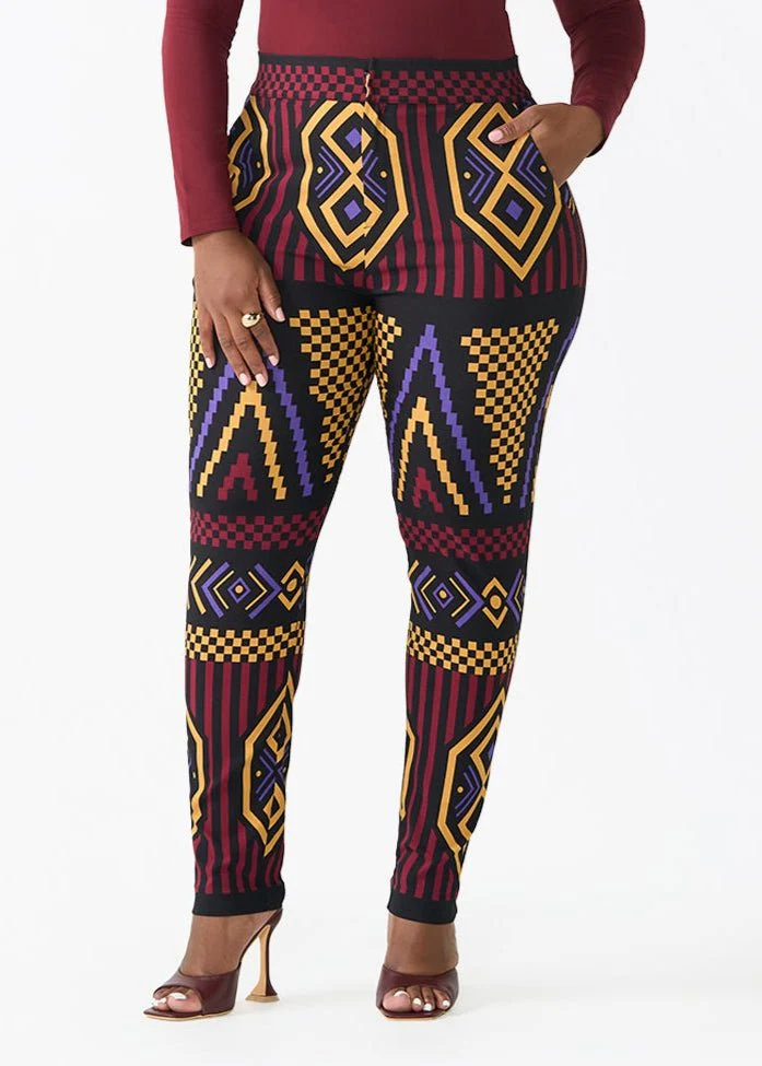 Talia Women's African Print Stretch Pants (Black Burgundy Tribal) - Clearance
