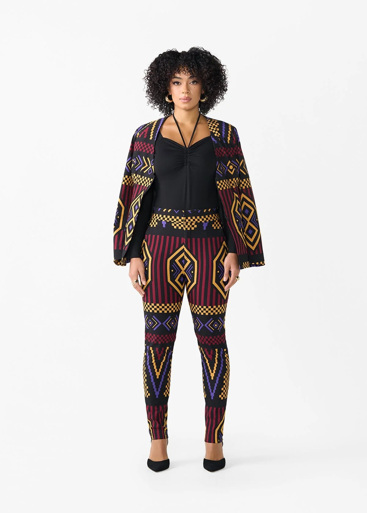 Talia Women's African Print Stretch Pants (Black Burgundy Tribal) - Clearance - Image 2