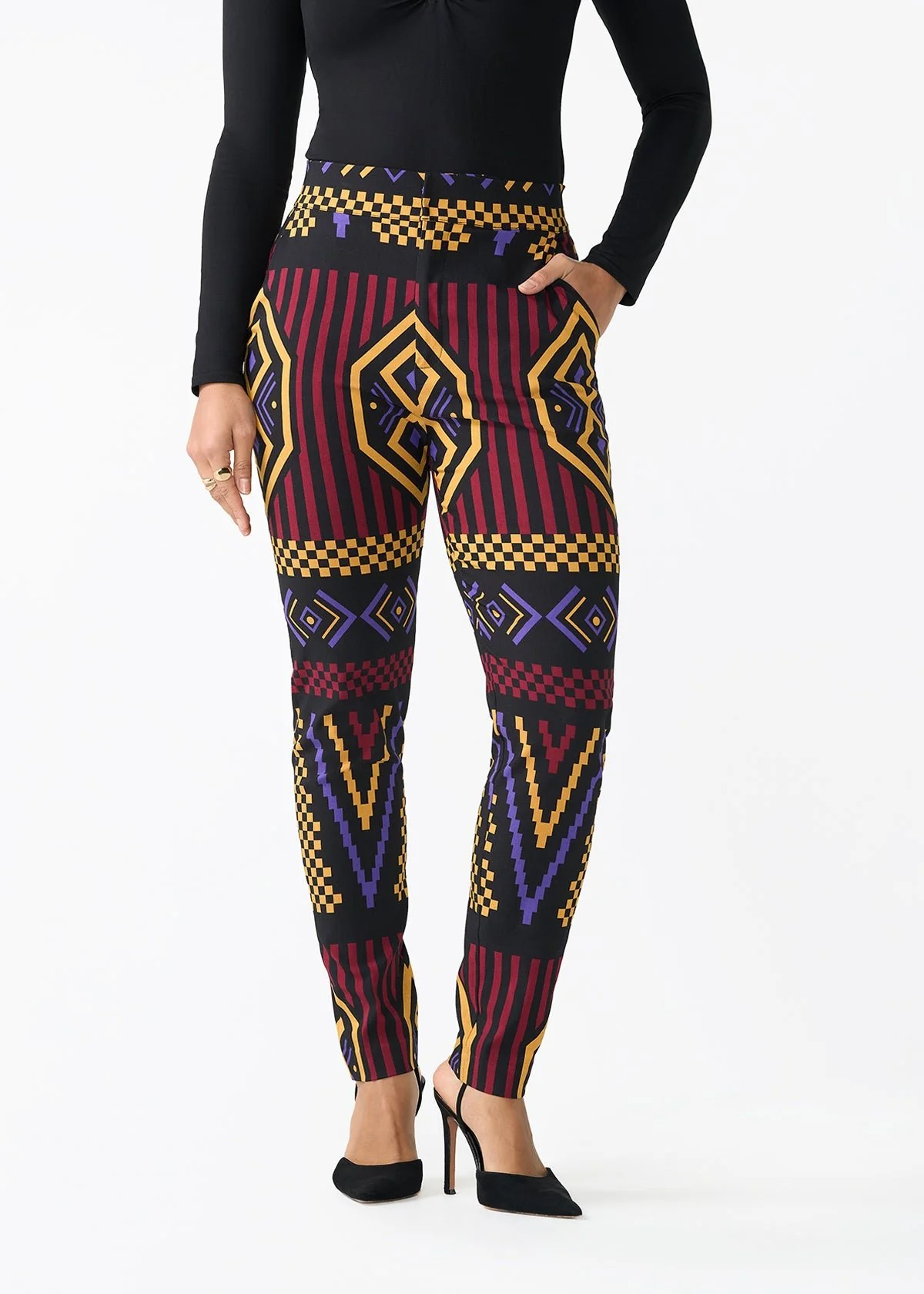 Talia Women's African Print Stretch Pants (Black Burgundy Tribal) - Clearance - Image 3
