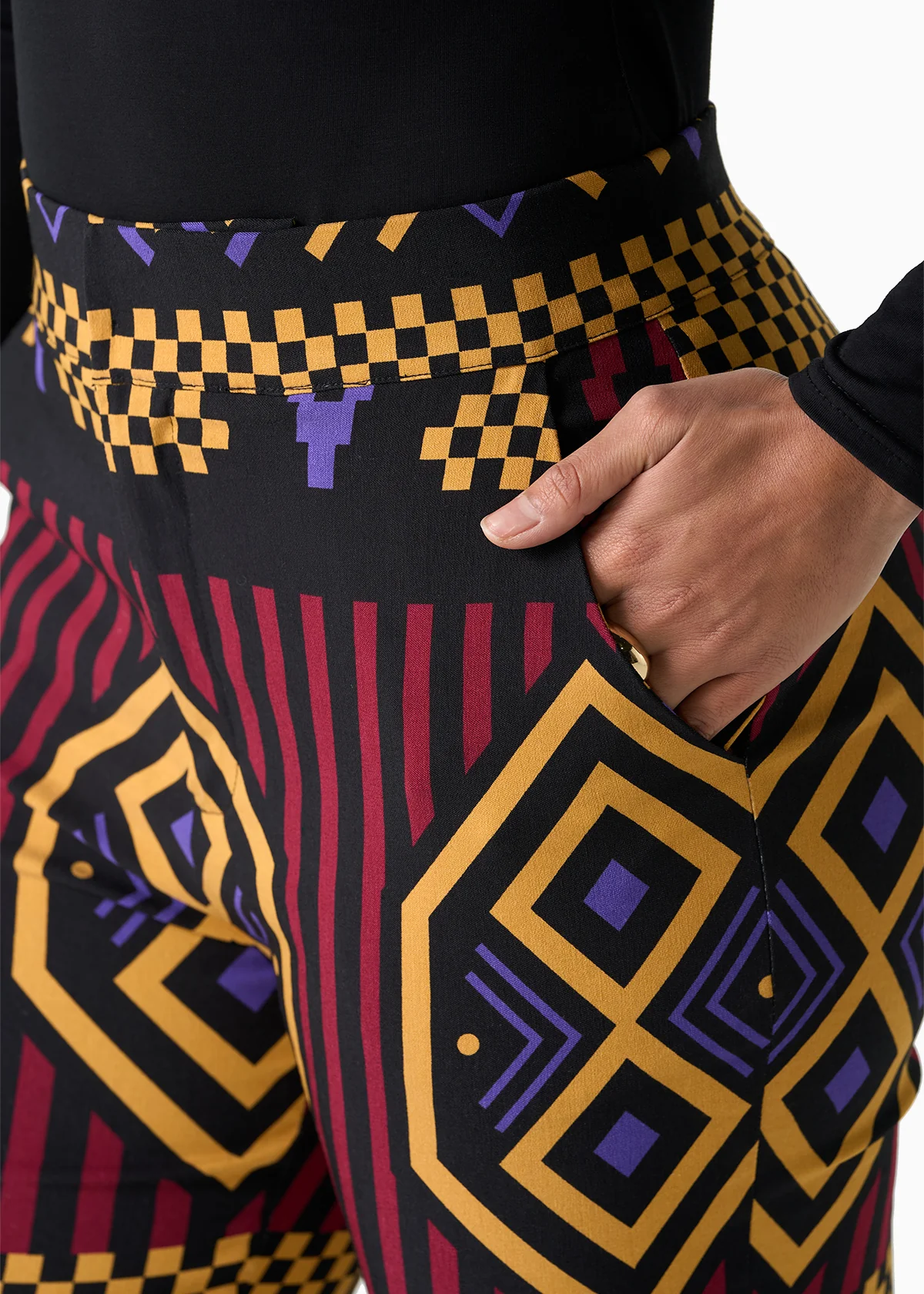 Talia Women's African Print Stretch Pants (Black Burgundy Tribal) - Clearance - Image 4
