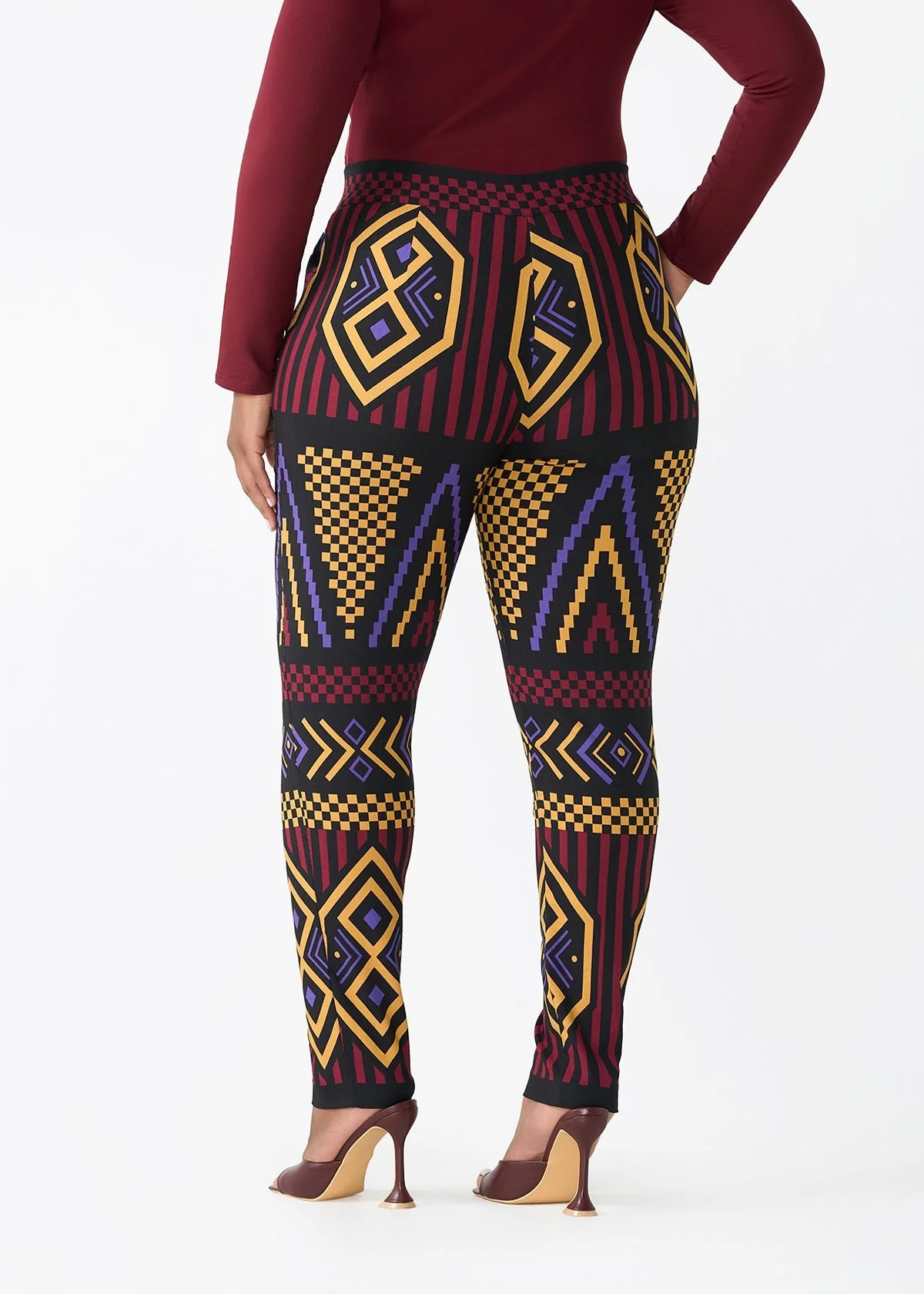 Talia Women's African Print Stretch Pants (Black Burgundy Tribal) - Clearance - Image 5