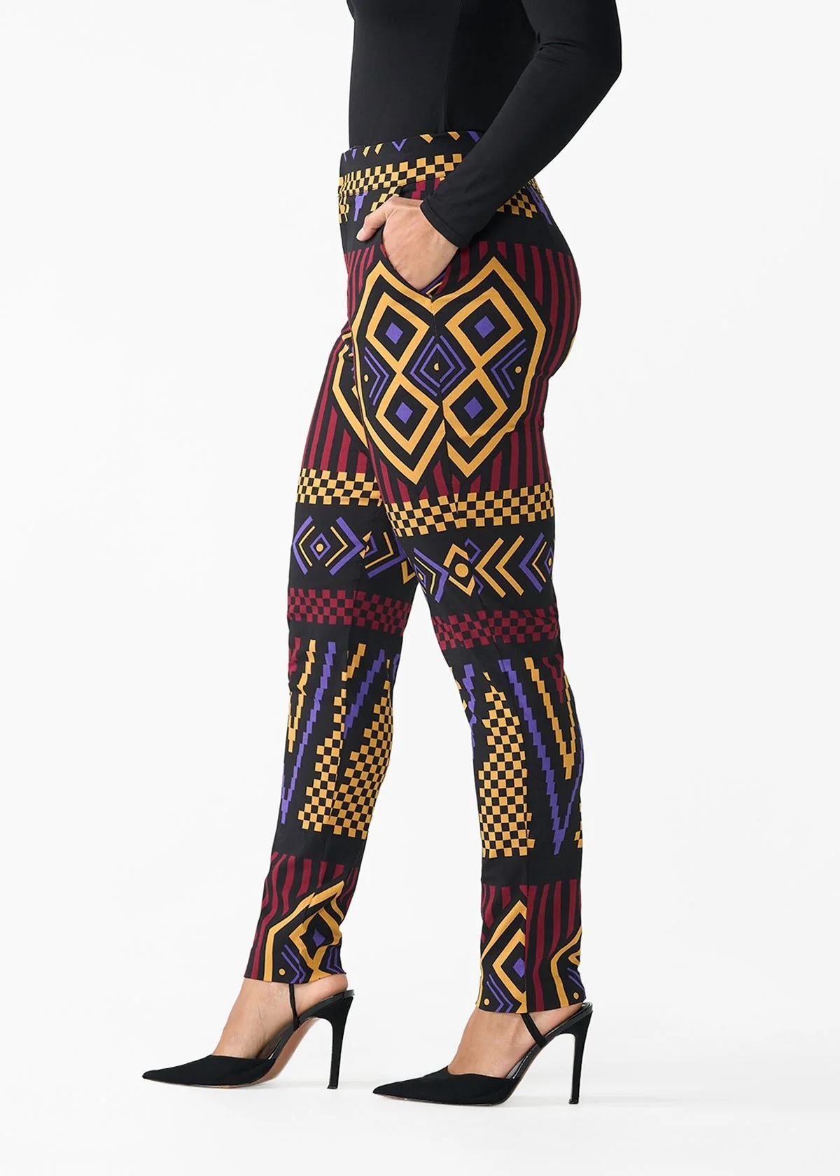 Talia Women's African Print Stretch Pants (Black Burgundy Tribal) - Clearance - Image 6