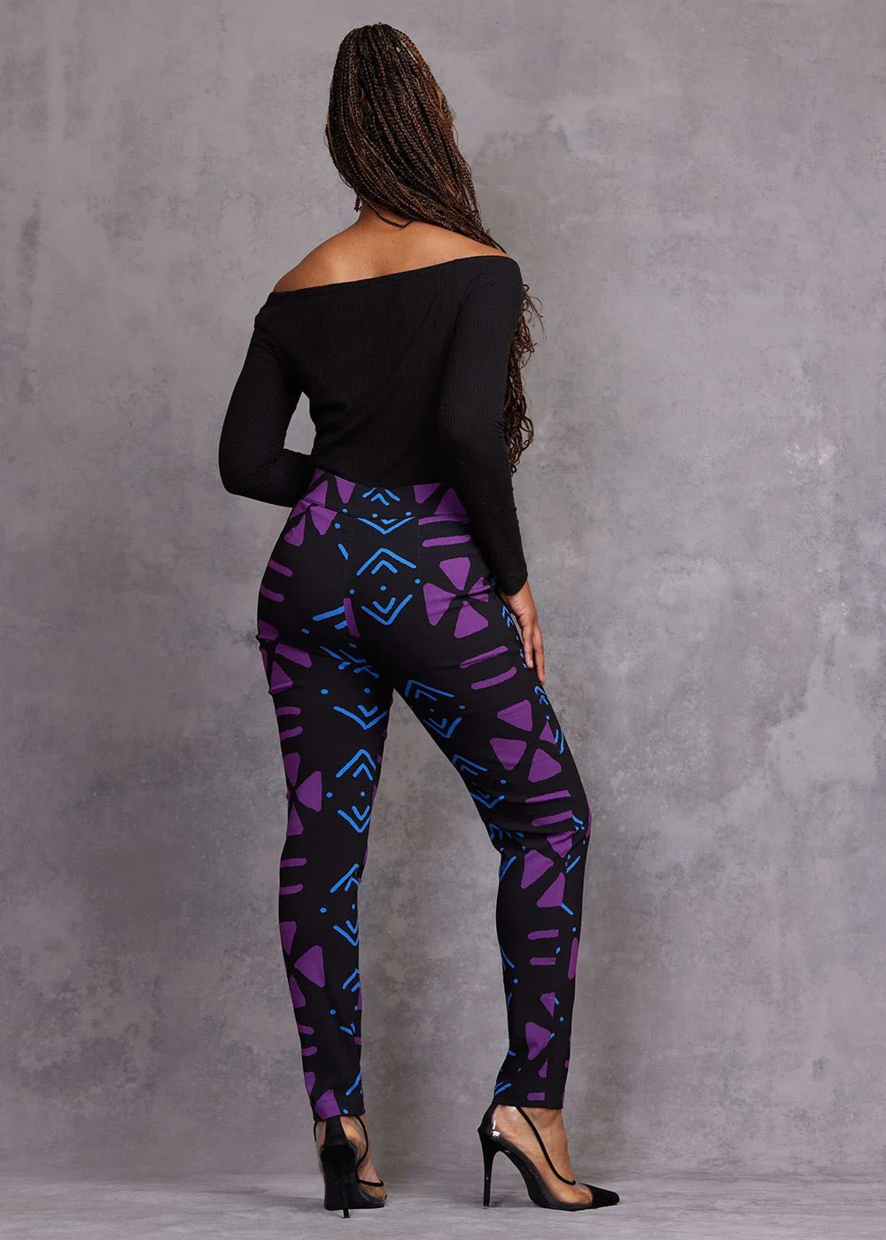 Talia Women's African Print Stretch Pants (Black Purple Mudcloth) - Image 2