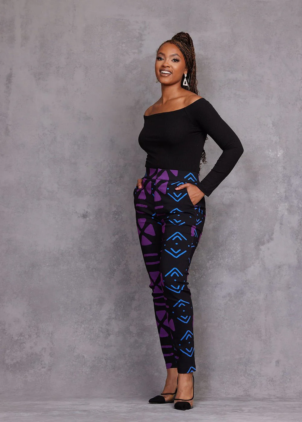 Talia Women's African Print Stretch Pants (Black Purple Mudcloth) - Image 3