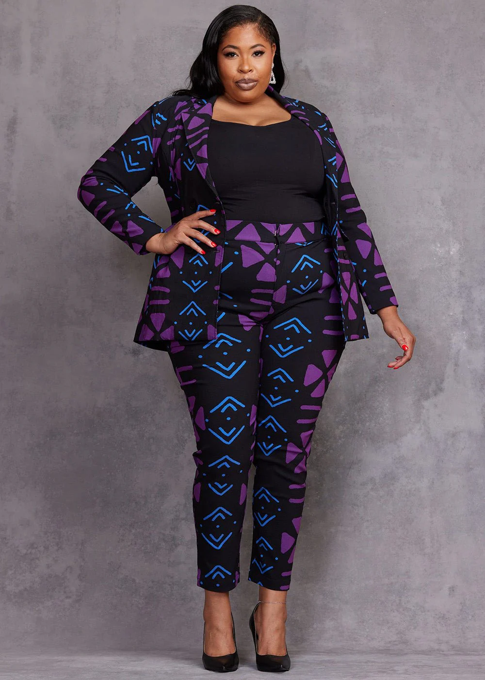 Talia Women's African Print Stretch Pants (Black Purple Mudcloth) - Image 4