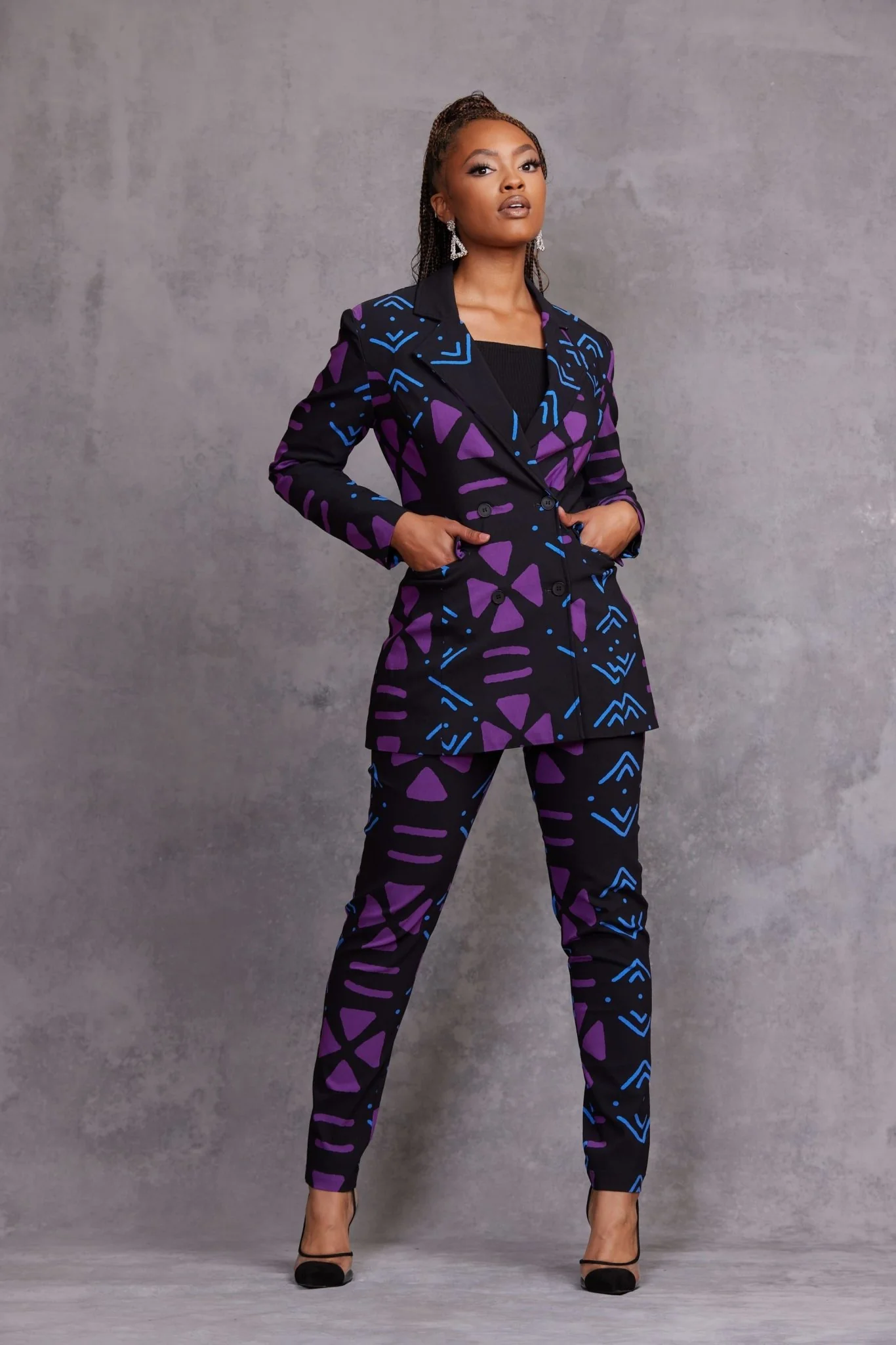Talia Women's African Print Stretch Pants (Black Purple Mudcloth) - Image 5