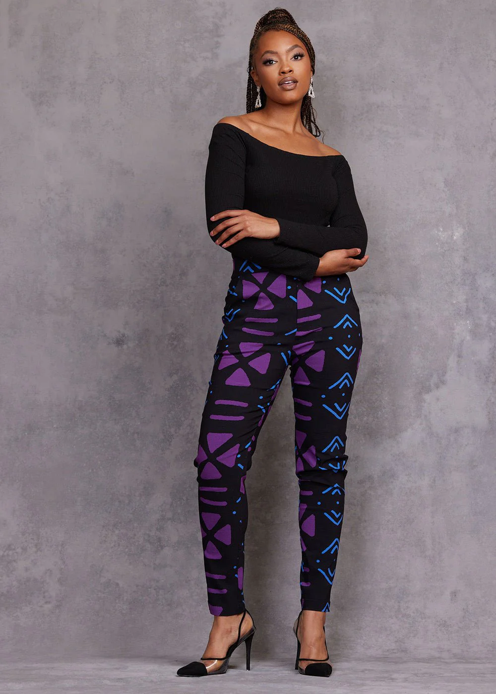Talia Women's African Print Stretch Pants (Black Purple Mudcloth) - Image 7