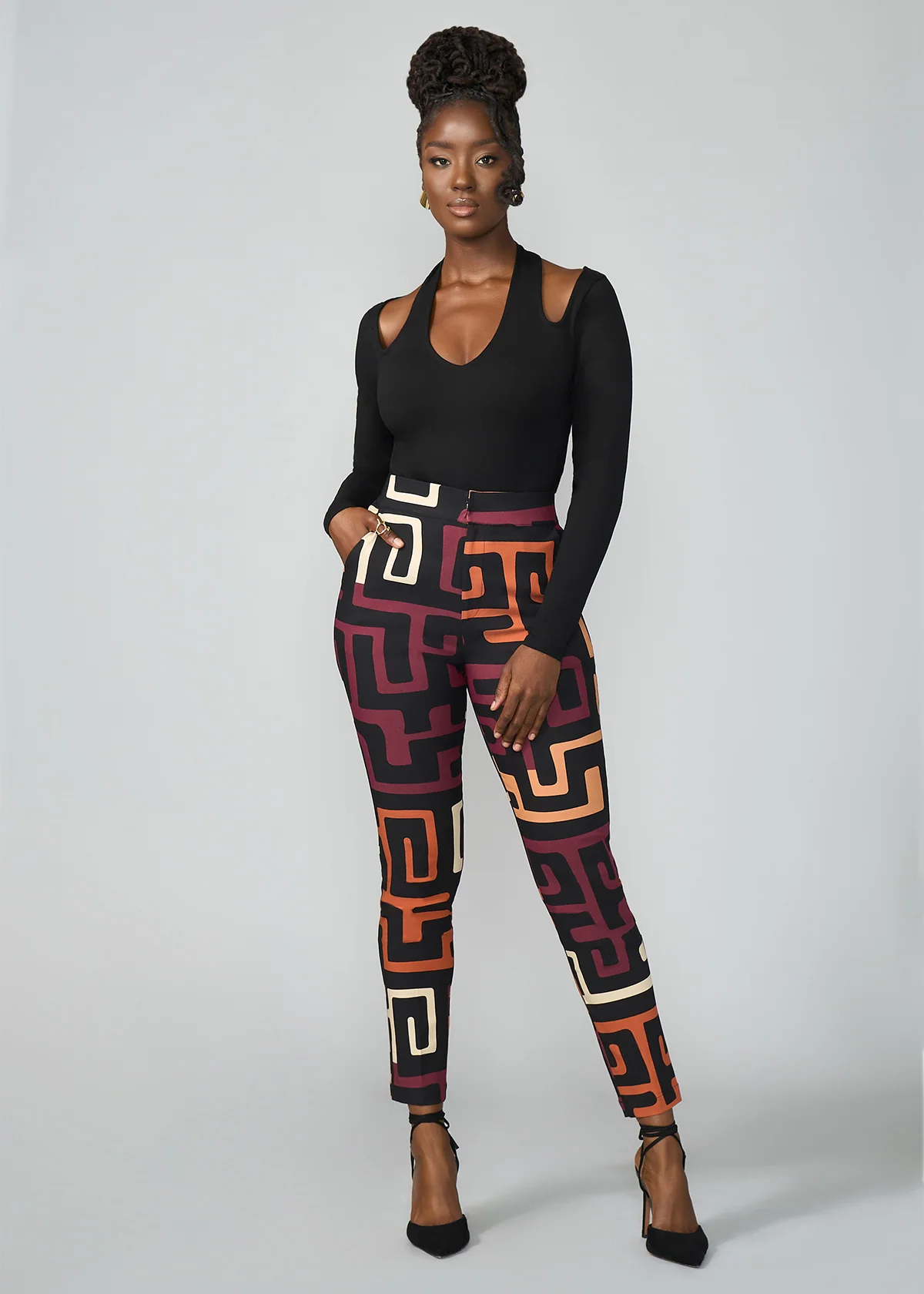 Talia Women's African Print Stretch Pants (Neutral Kuba Geometric) - Image 3