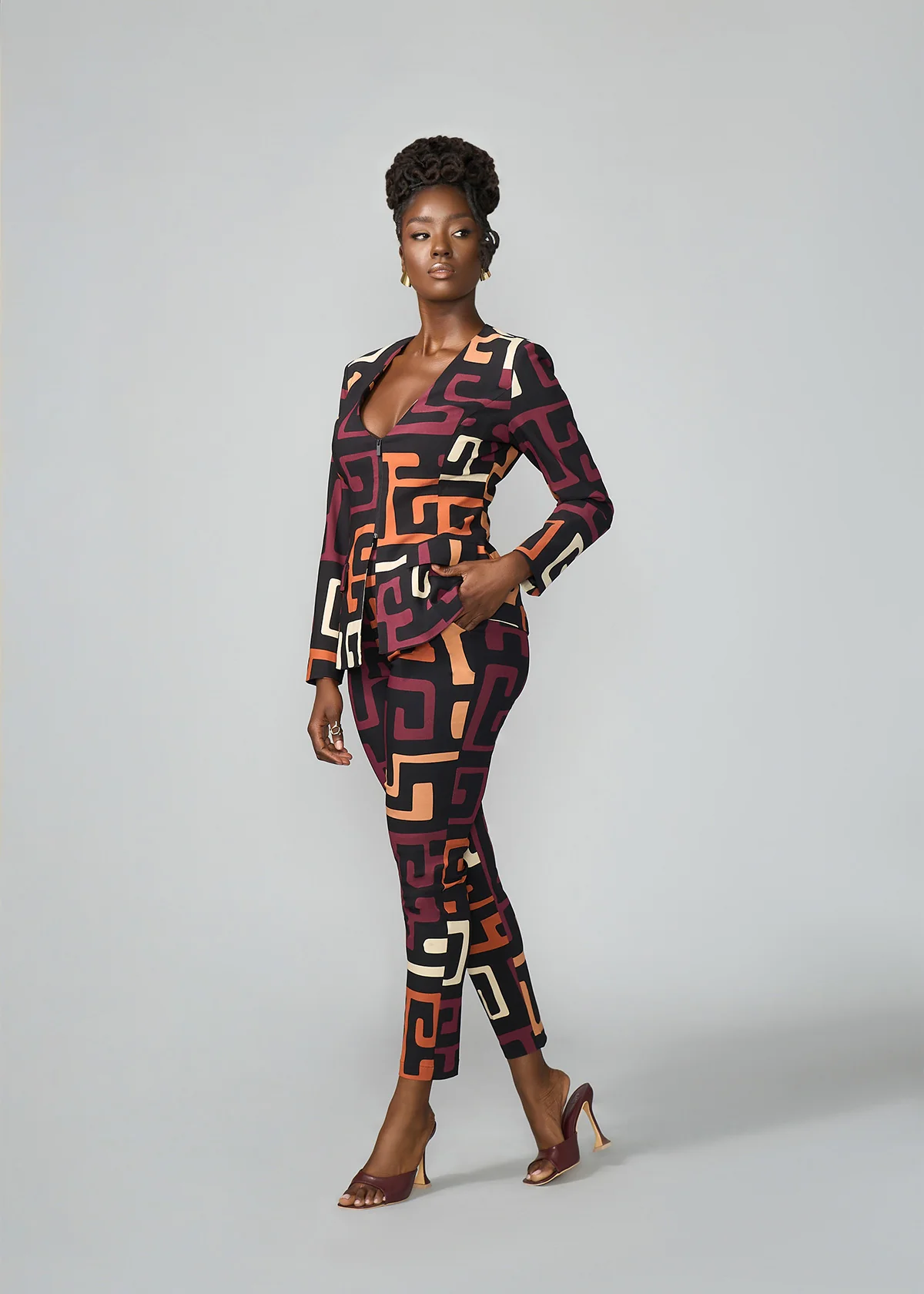 Talia Women's African Print Stretch Pants (Neutral Kuba Geometric) - Image 4
