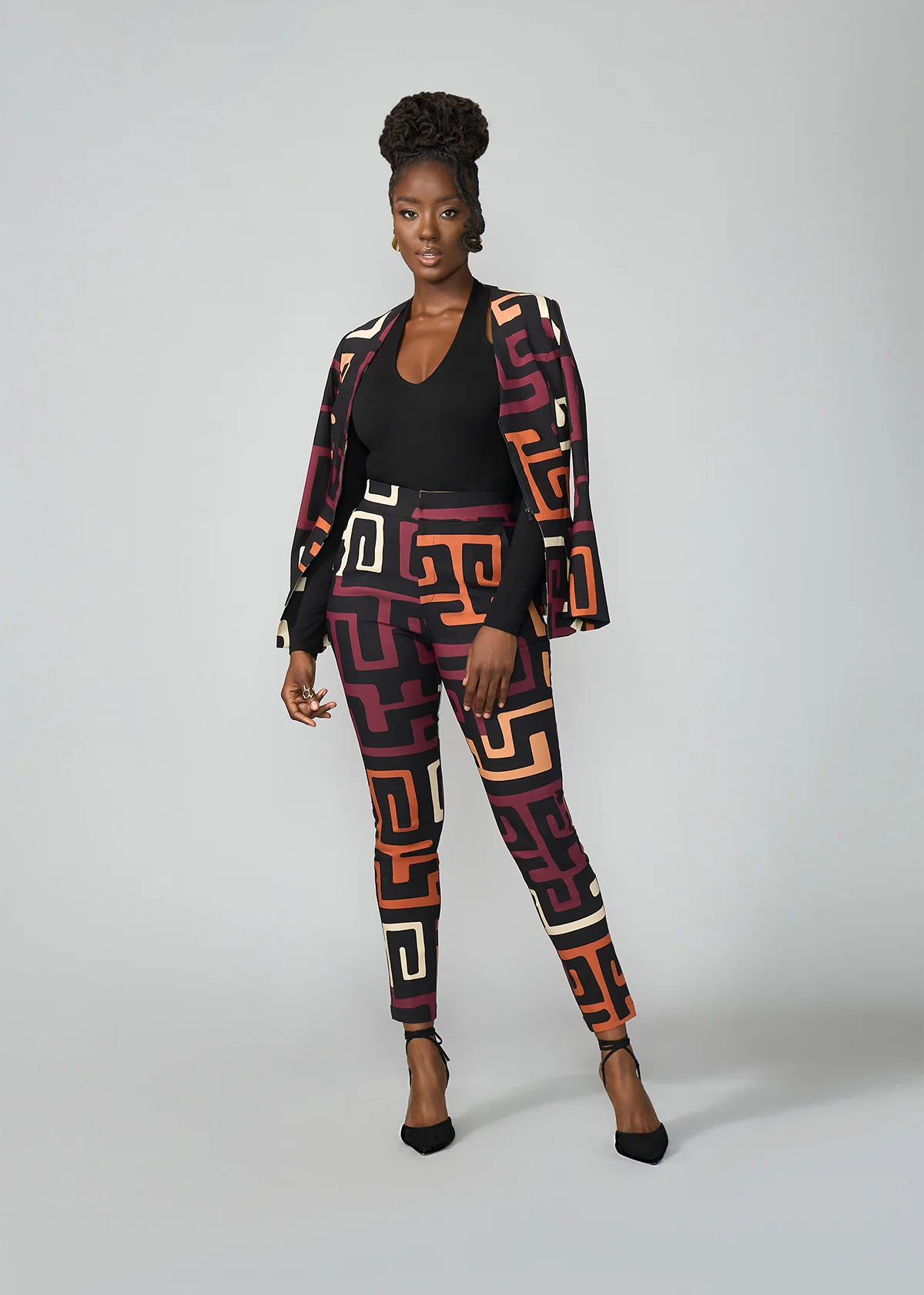 Talia Women's African Print Stretch Pants (Neutral Kuba Geometric) - Image 7