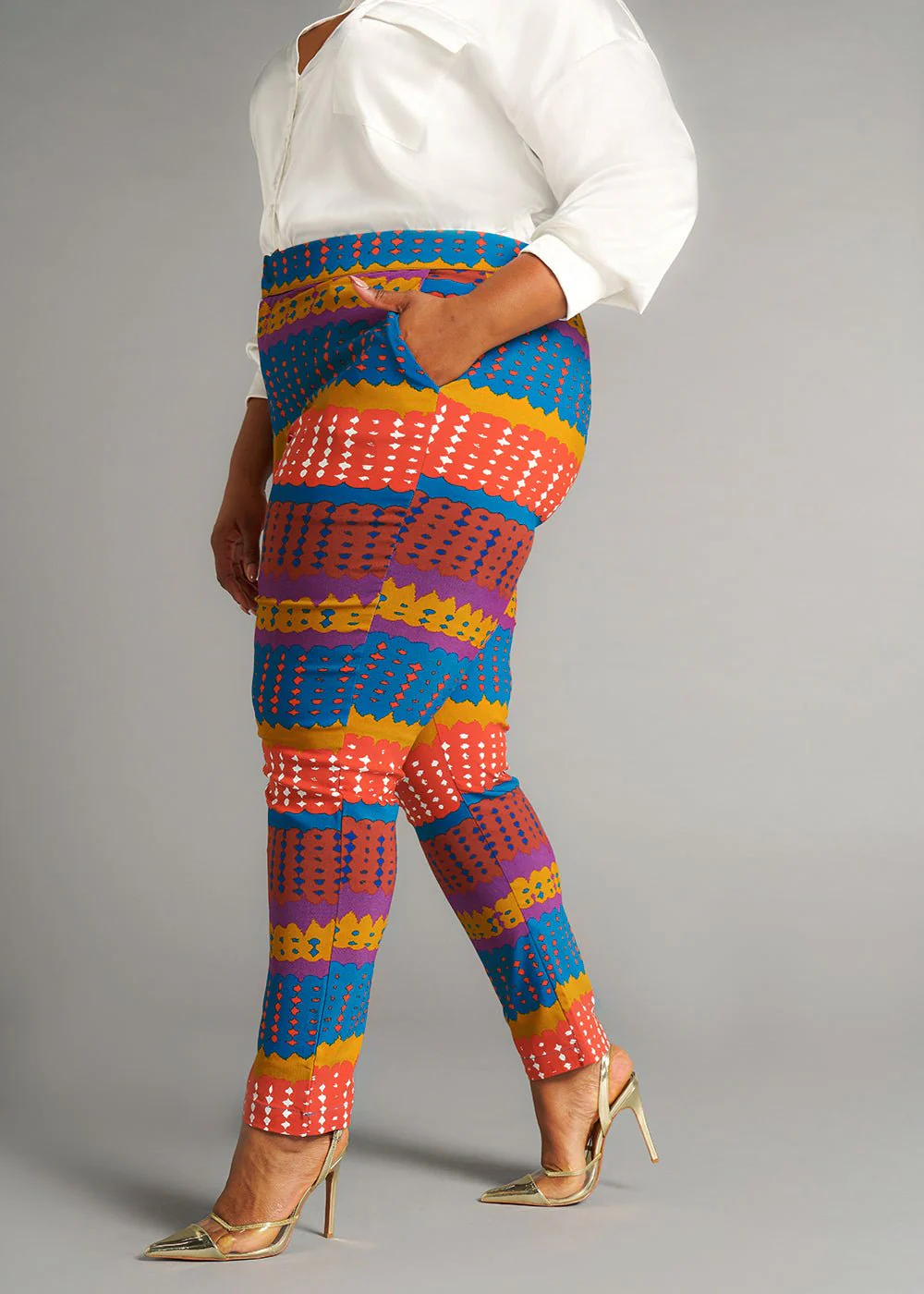 Talia Women's African Print Stretch Pants (Orange Teal Adire) - Image 2