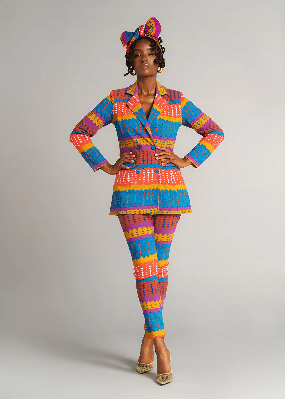 Talia Women's African Print Stretch Pants (Orange Teal Adire) - Image 4
