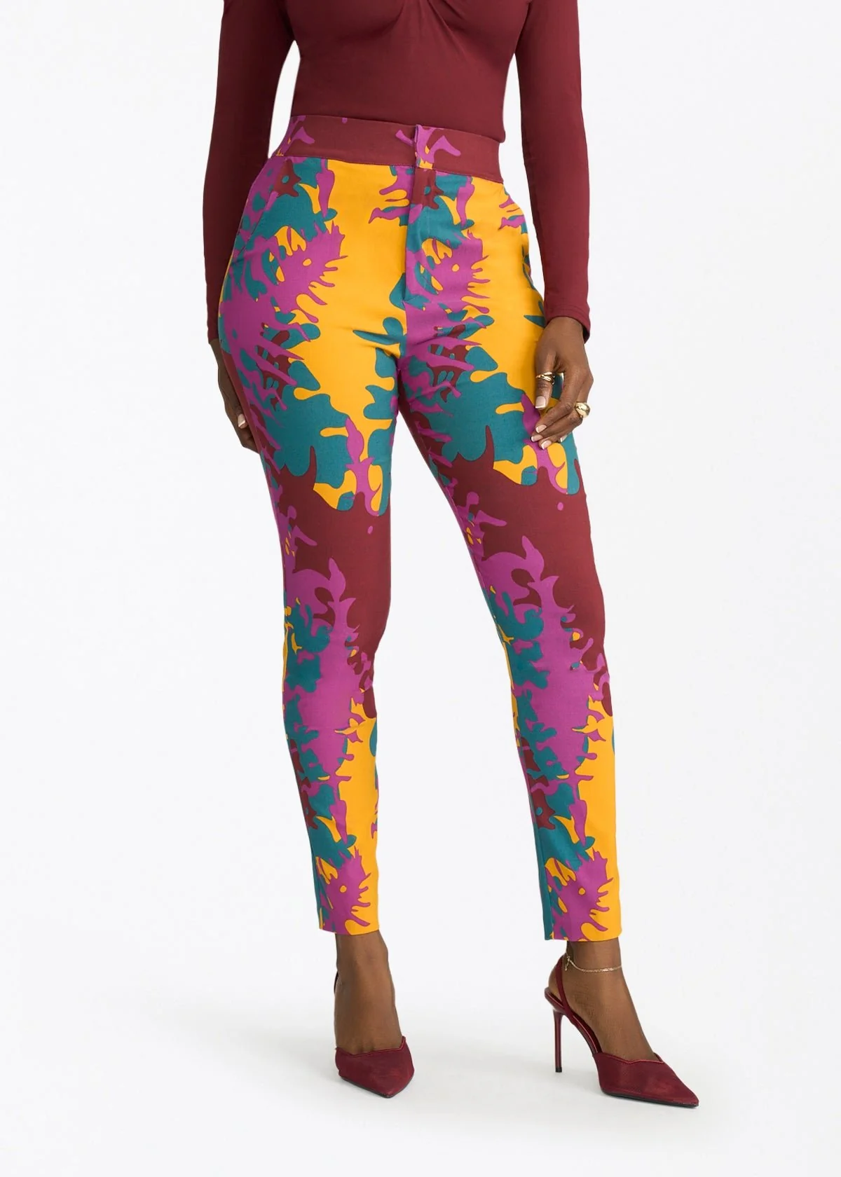 Talia Womens African Print Stretch Pants (Purple Gold Abstract) - Clearance