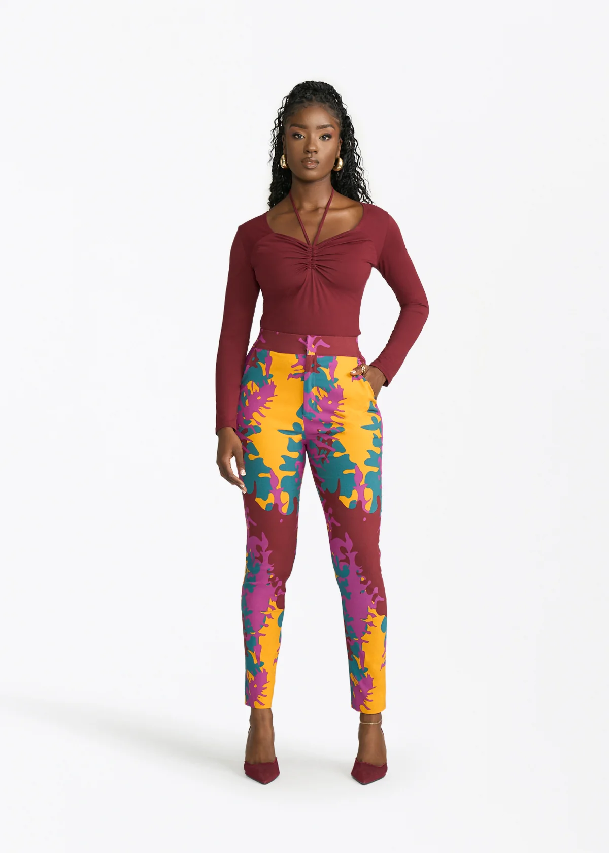 Talia Womens African Print Stretch Pants (Purple Gold Abstract) - Clearance - Image 2