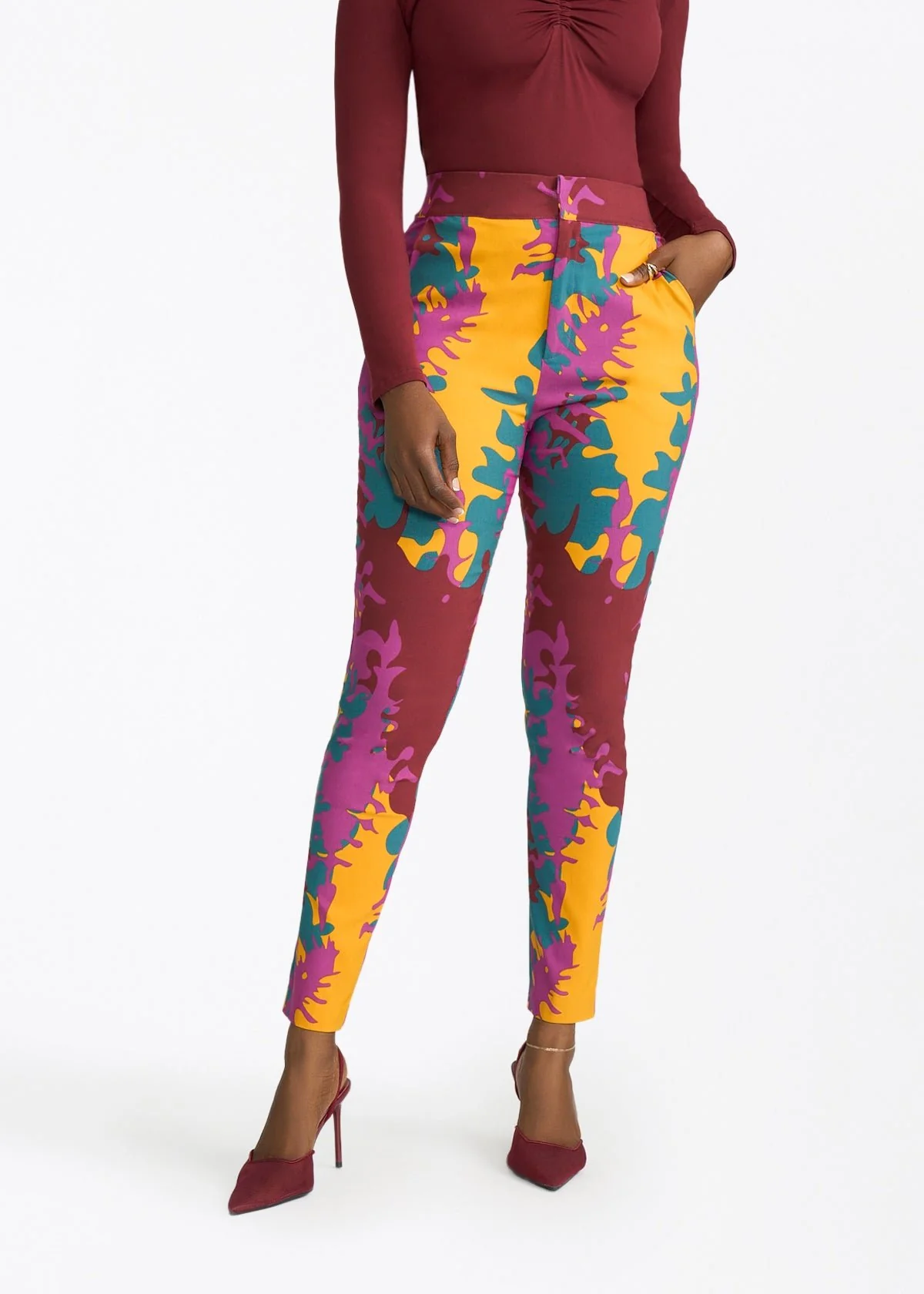 Talia Womens African Print Stretch Pants (Purple Gold Abstract) - Clearance - Image 3