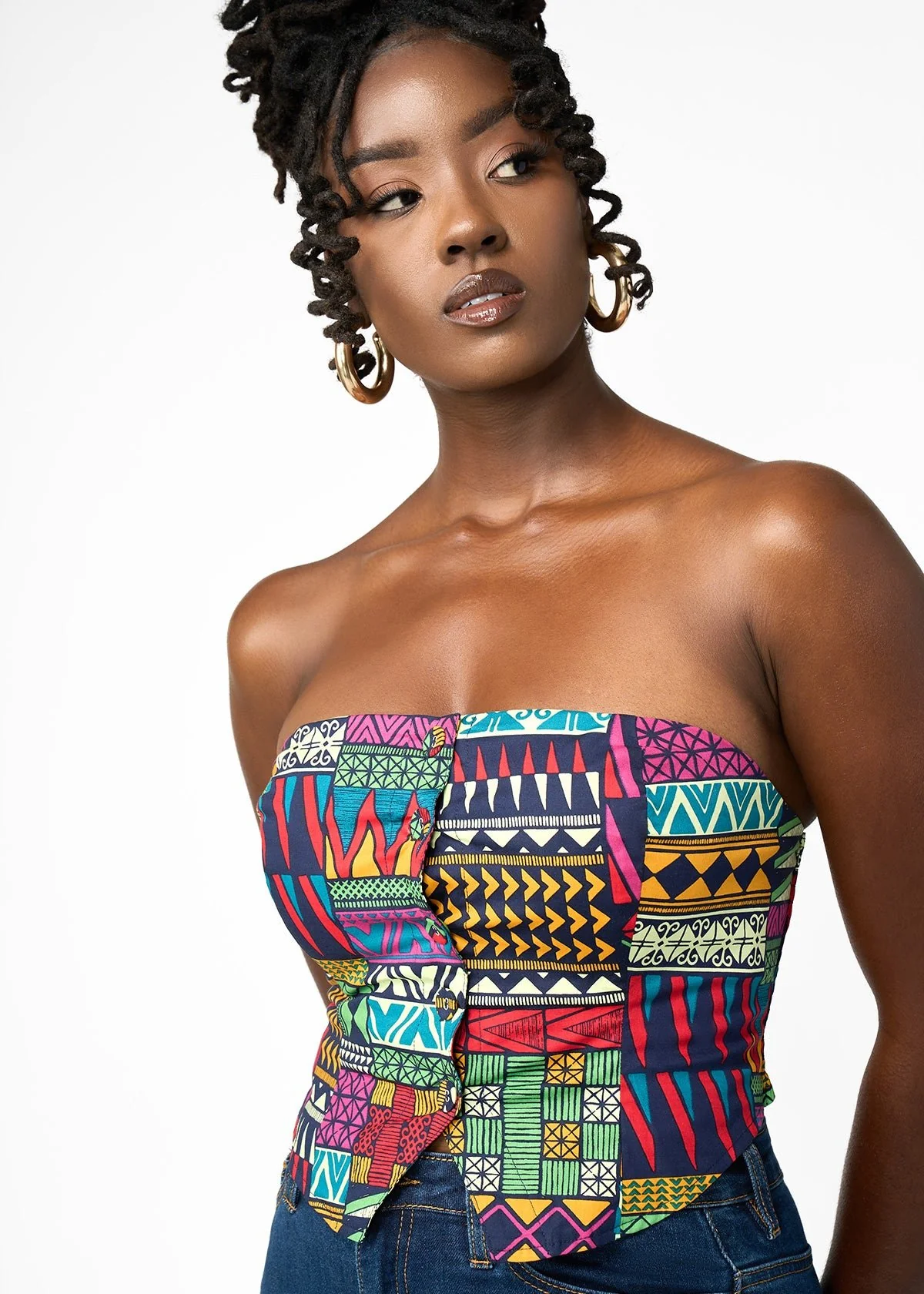 Tanina Women's African Print Button-Up Bandeau Top (Green Navy Kente)