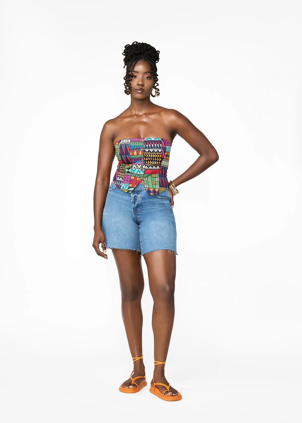 Tanina Women's African Print Button-Up Bandeau Top (Green Navy Kente) - Image 3