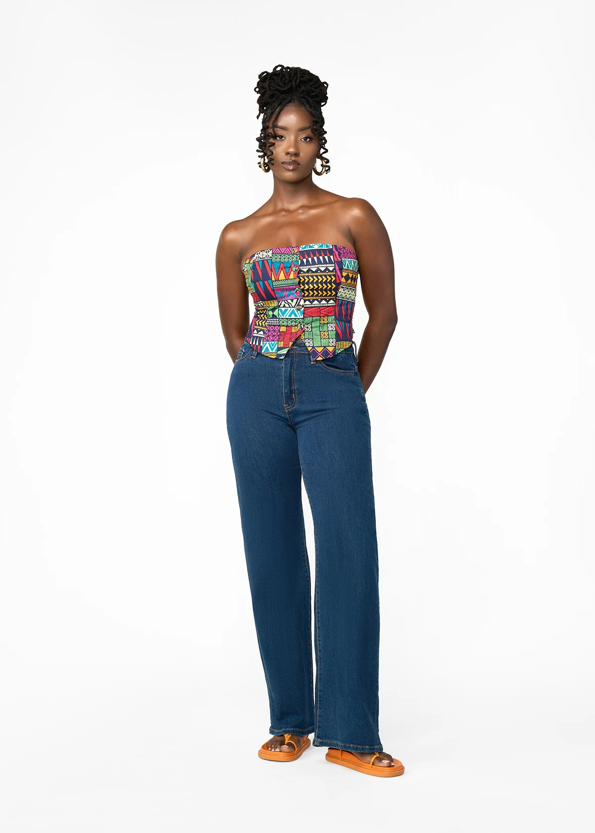 Tanina Women's African Print Button-Up Bandeau Top (Green Navy Kente) - Image 7