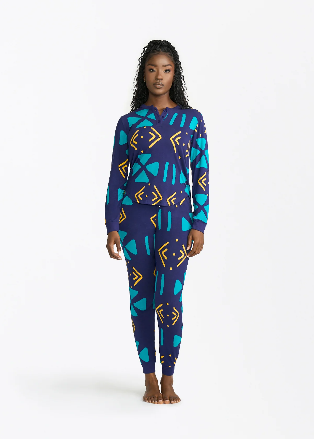 Tella Women's African Print Pajama Set (Navy Gold Mudcloth)