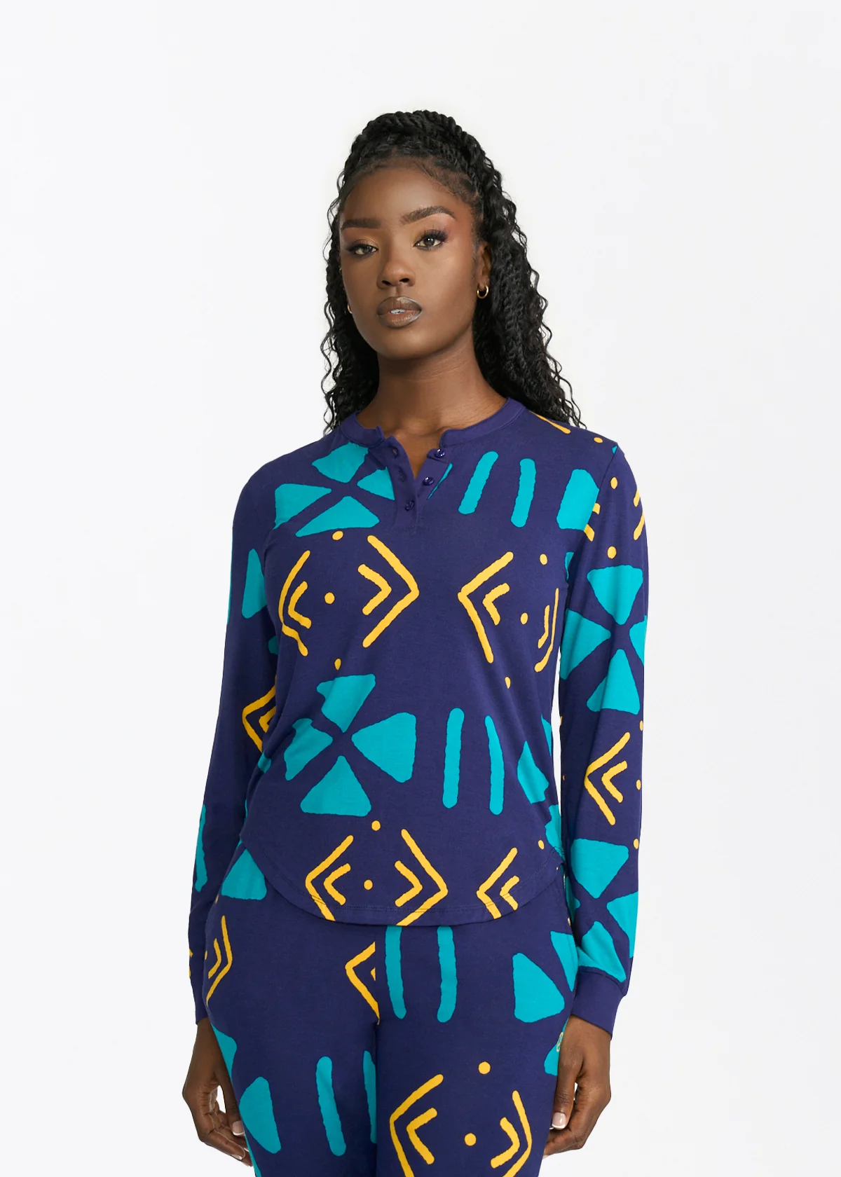 Tella Women's African Print Pajama Set (Navy Gold Mudcloth) - Image 2