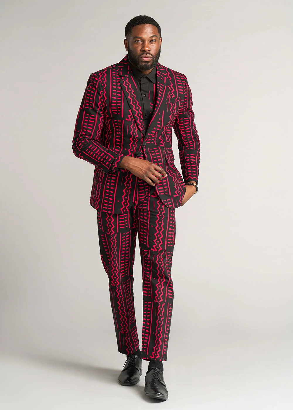 Tendai Men's African Print Trousers (Black Magenta Tribal) - Clearance - Image 5