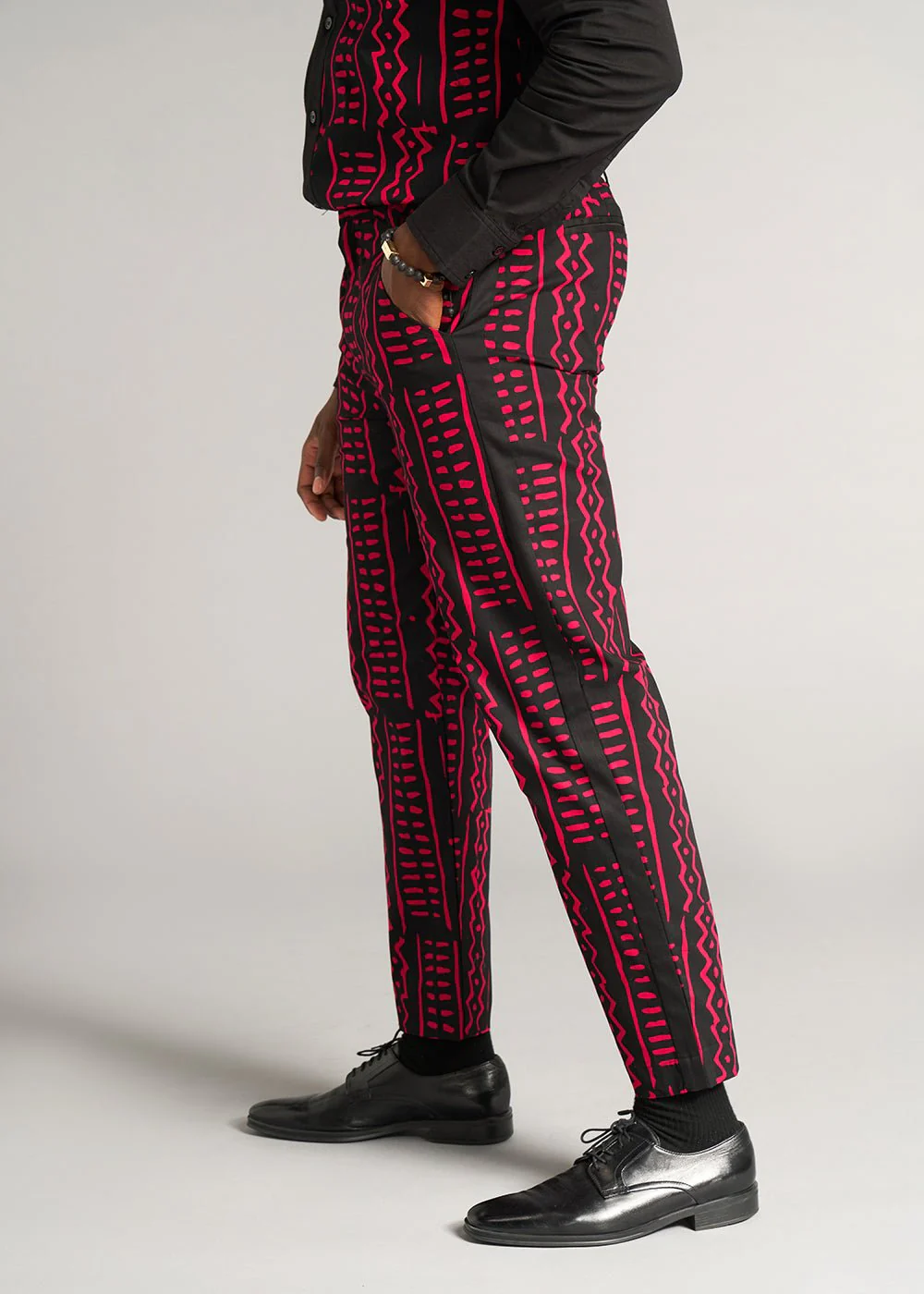 Tendai Men's African Print Trousers (Black Magenta Tribal) - Clearance - Image 7