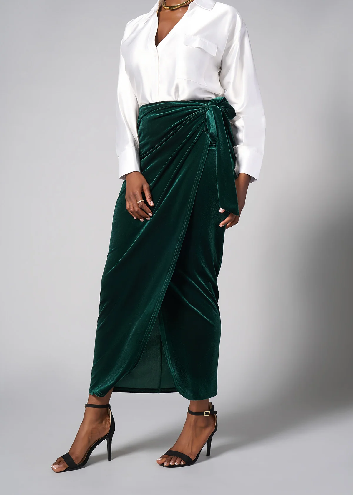 Tesafaye Women's Stretch Velvet Faux Wrap Skirt (Emerald) - Image 3
