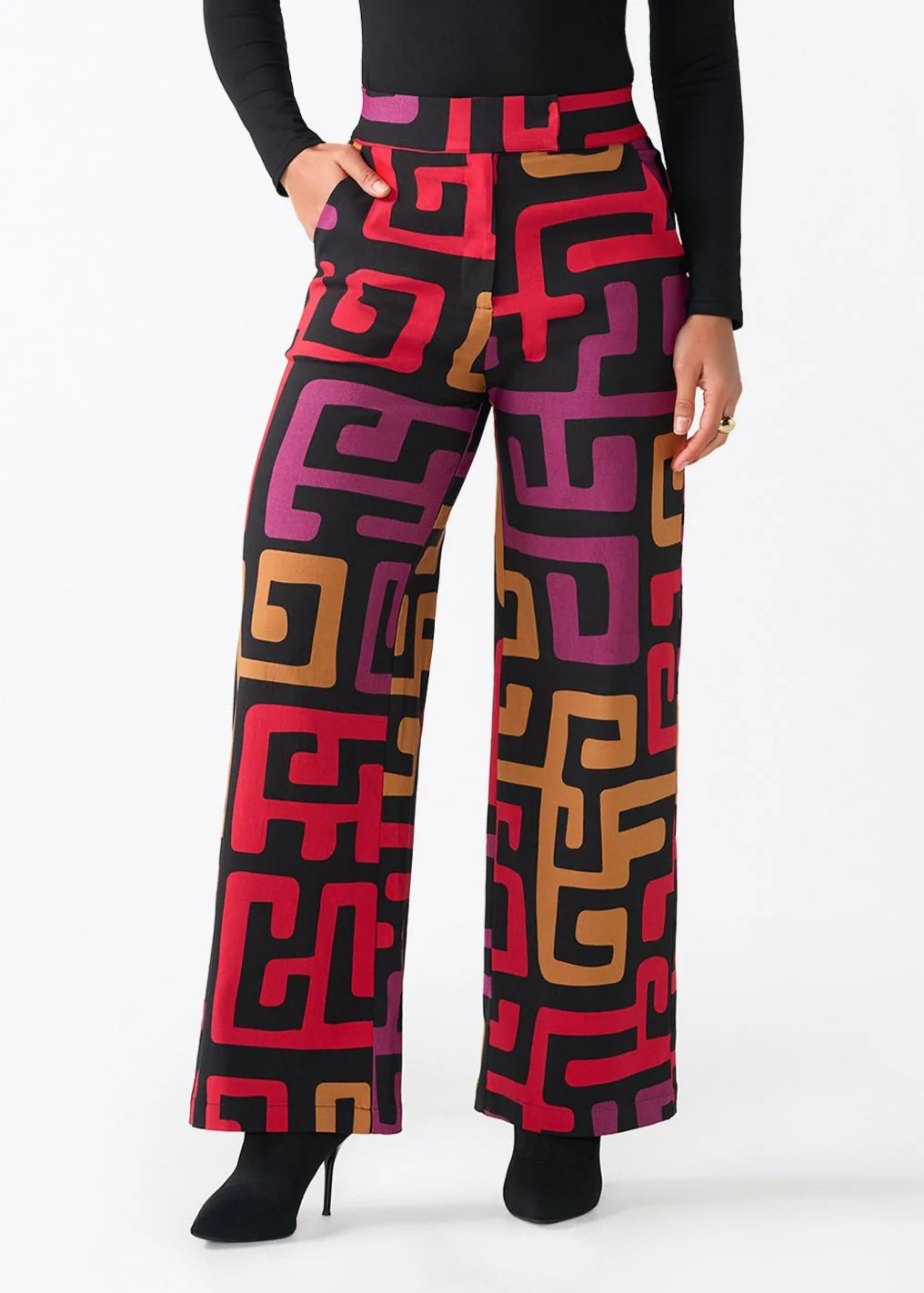 Thema Women's African Print Stretch Wide Leg Pants (Black Berry Kuba)
