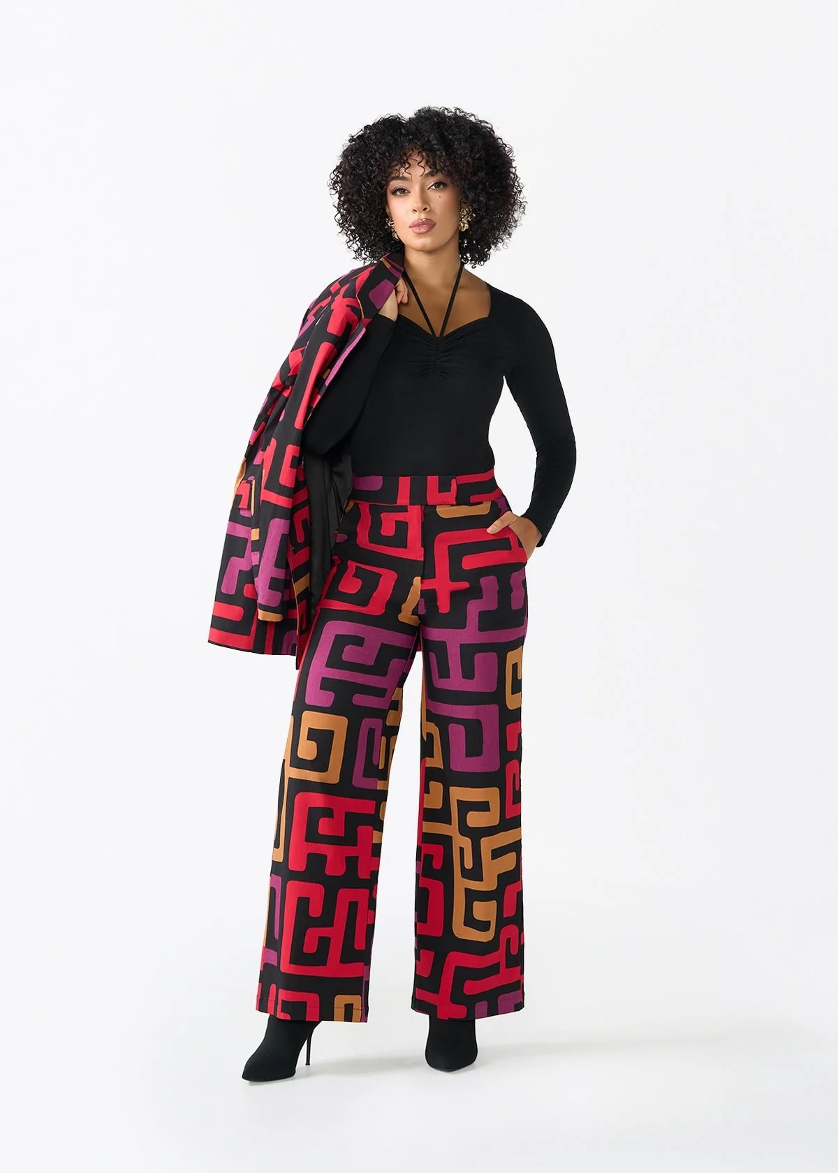 Thema Women's African Print Stretch Wide Leg Pants (Black Berry Kuba) - Image 5
